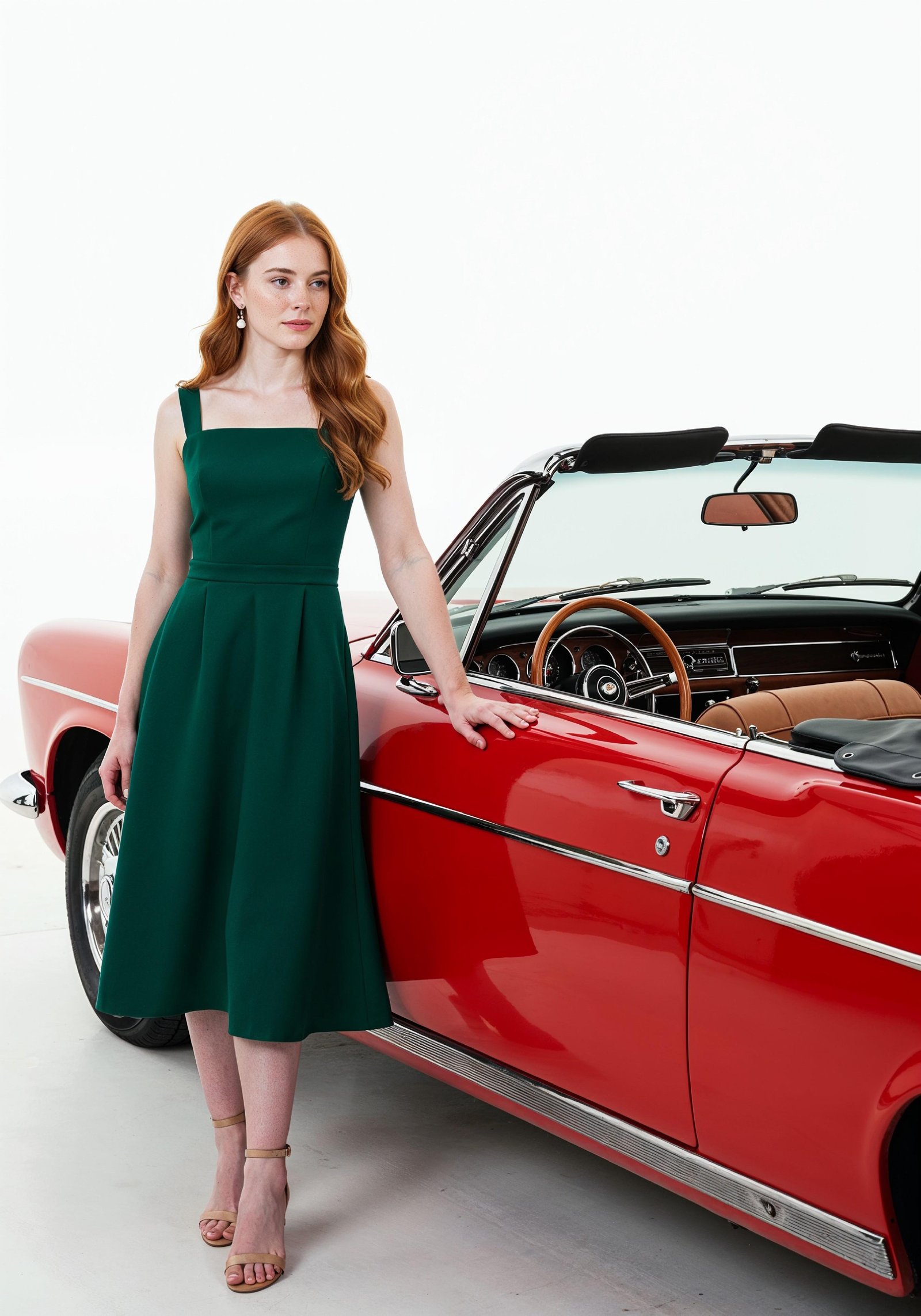 Elegant Young Woman Standing Beside Luxury Car in Fashion Lifestyle Portrait