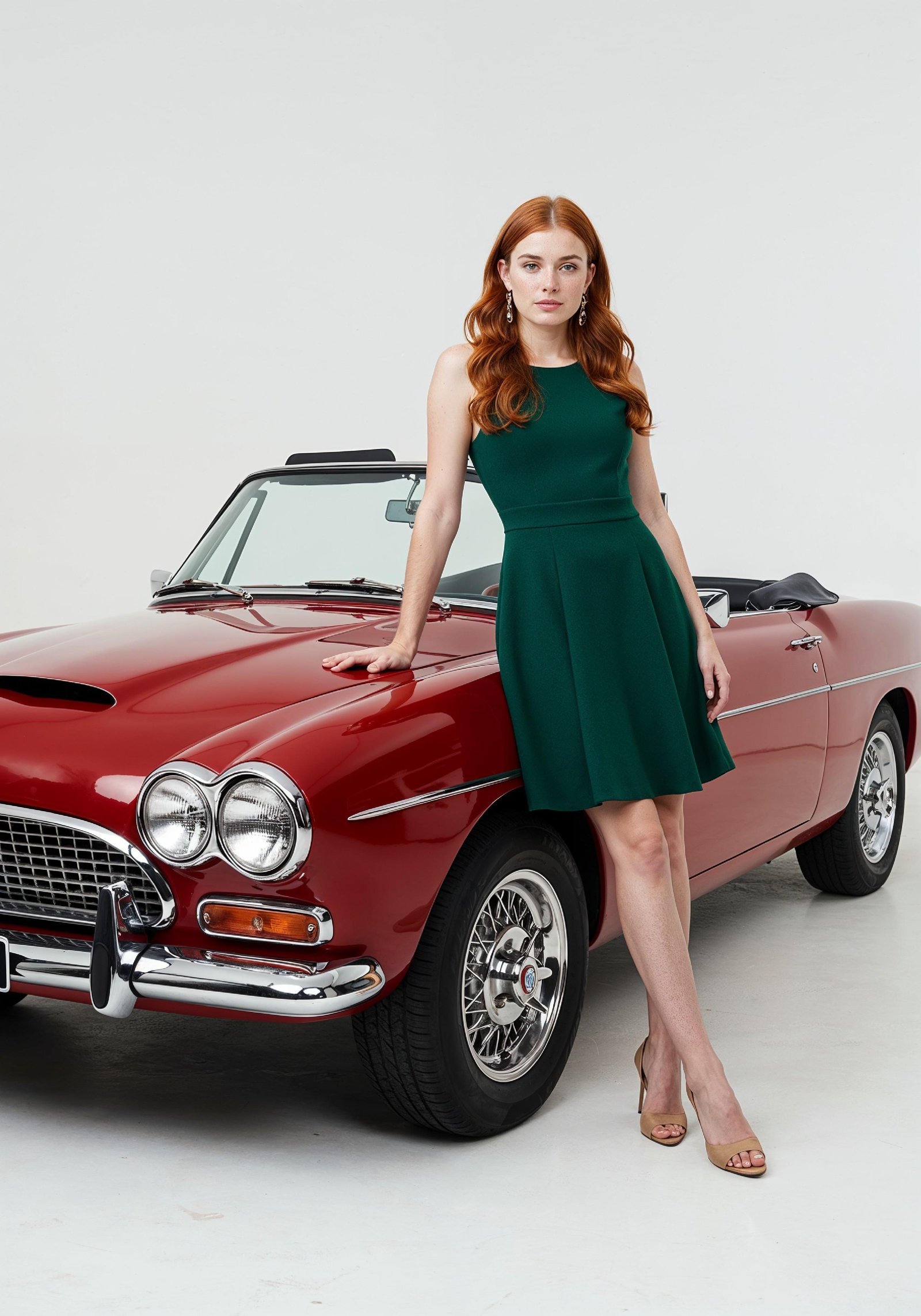 Elegant Young Woman Standing Beside Luxury Car in Fashion Lifestyle Portrait