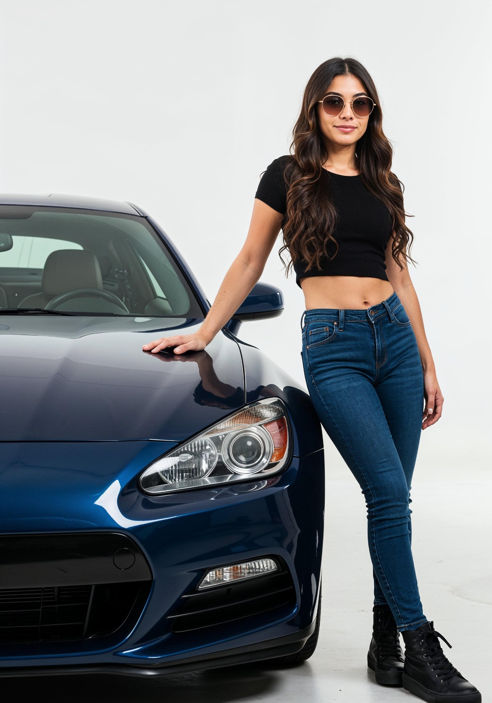 Elegant Young Woman Standing Beside Luxury Car in Fashion Lifestyle Portrait