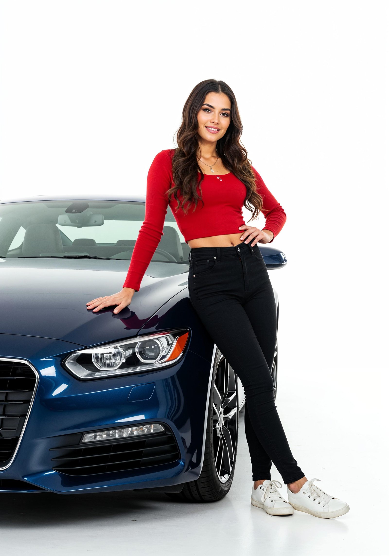 Elegant Young Woman Standing Beside Luxury Car in Fashion Lifestyle Portrait
