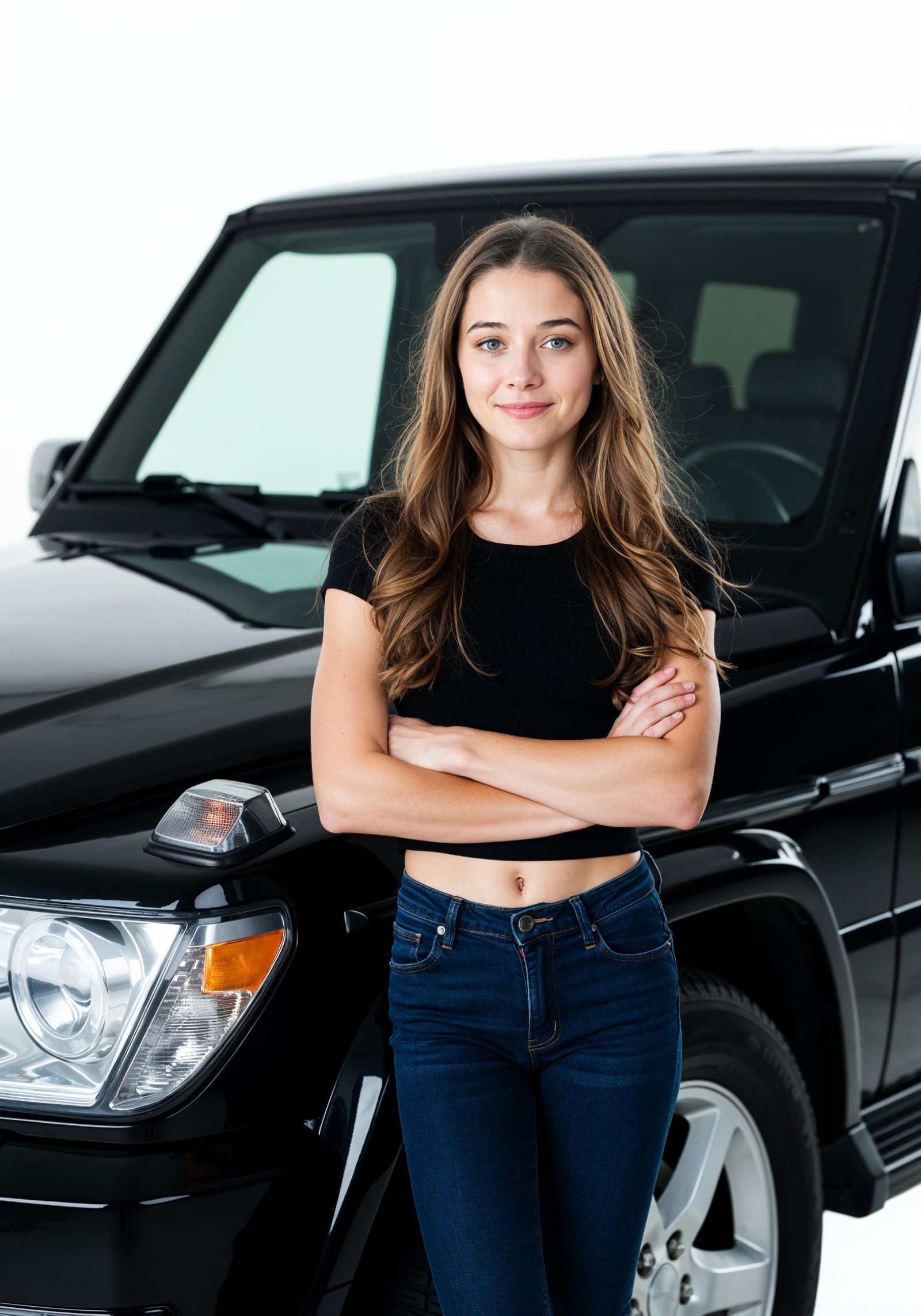 Elegant Young Woman Standing Beside Luxury Car in Fashion Lifestyle Portrait