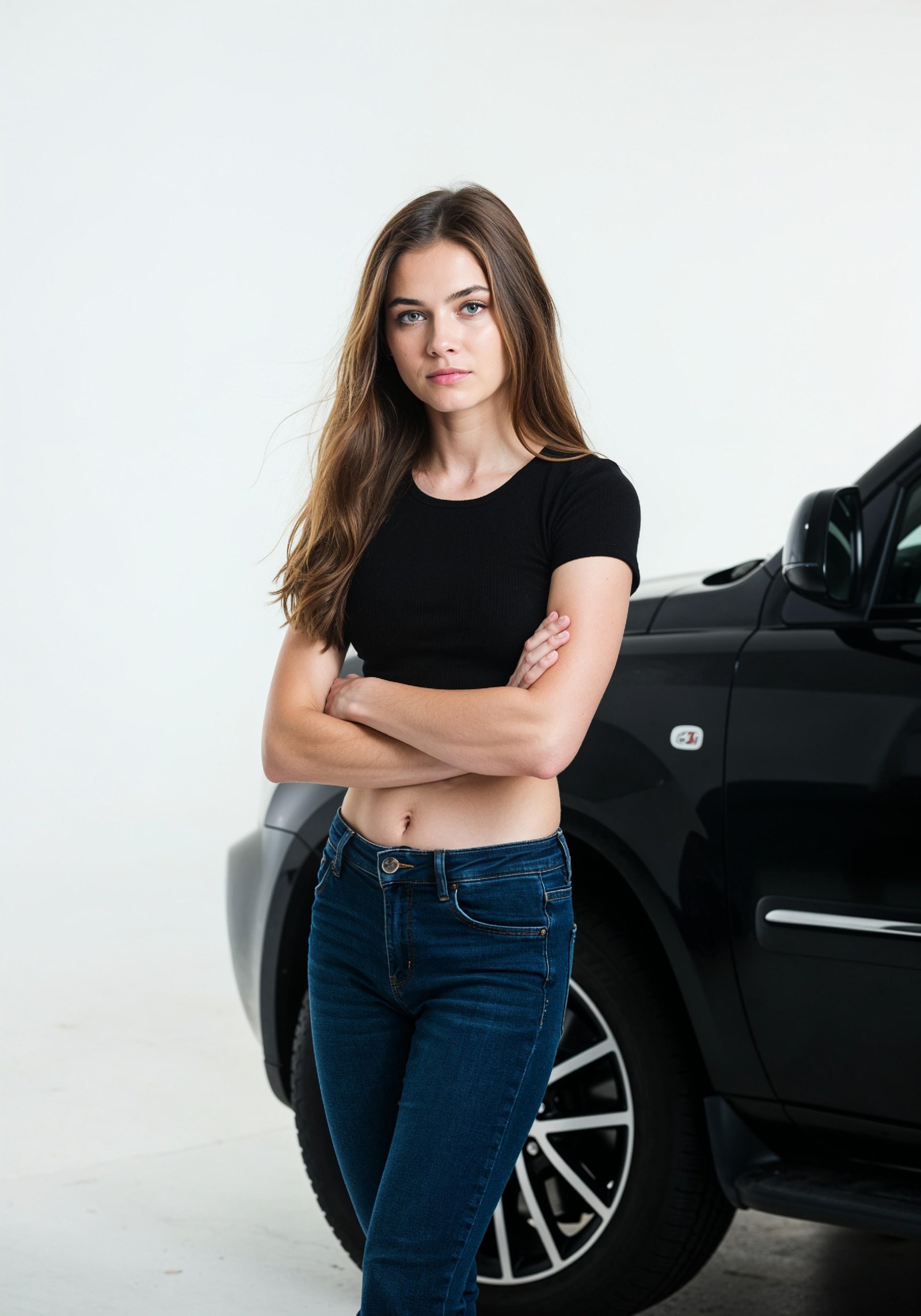 Elegant Young Woman Standing Beside Luxury Car in Fashion Lifestyle Portrait