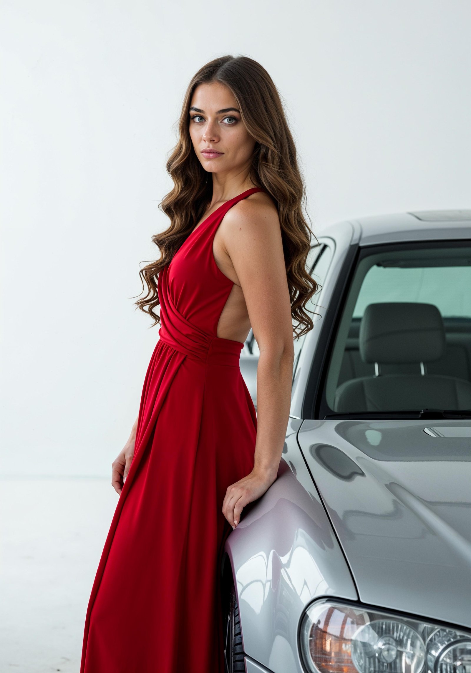 Elegant Young Woman Standing Beside Luxury Car in Fashion Lifestyle Portrait