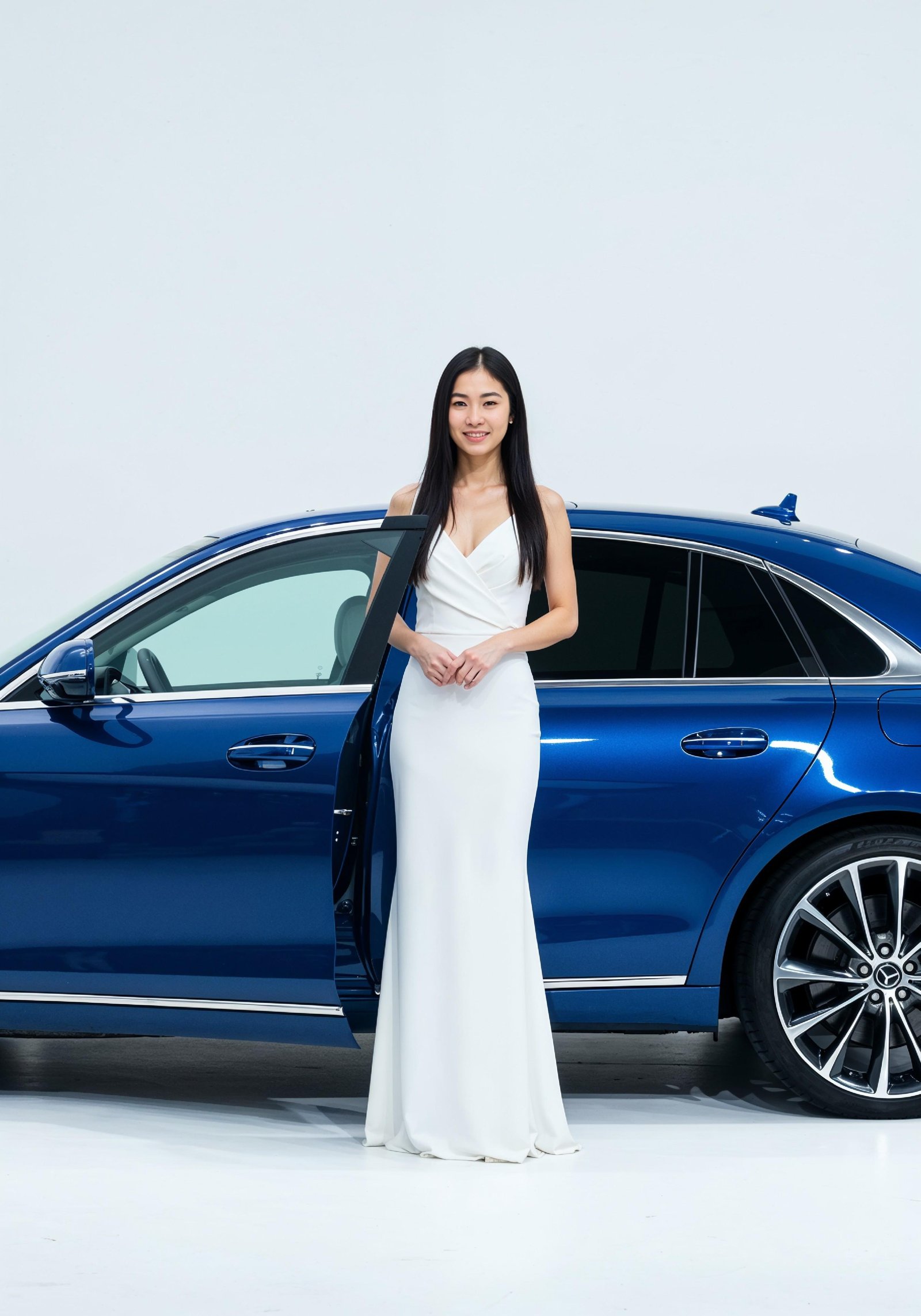 Elegant Young Woman Standing Beside Luxury Car in Fashion Lifestyle Portrait