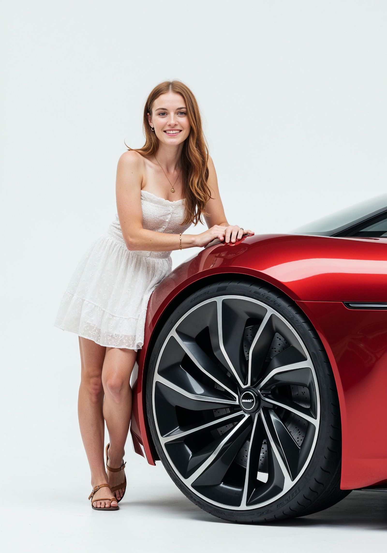 Elegant Young Woman Standing Beside Luxury Car in Fashion Lifestyle Portrait