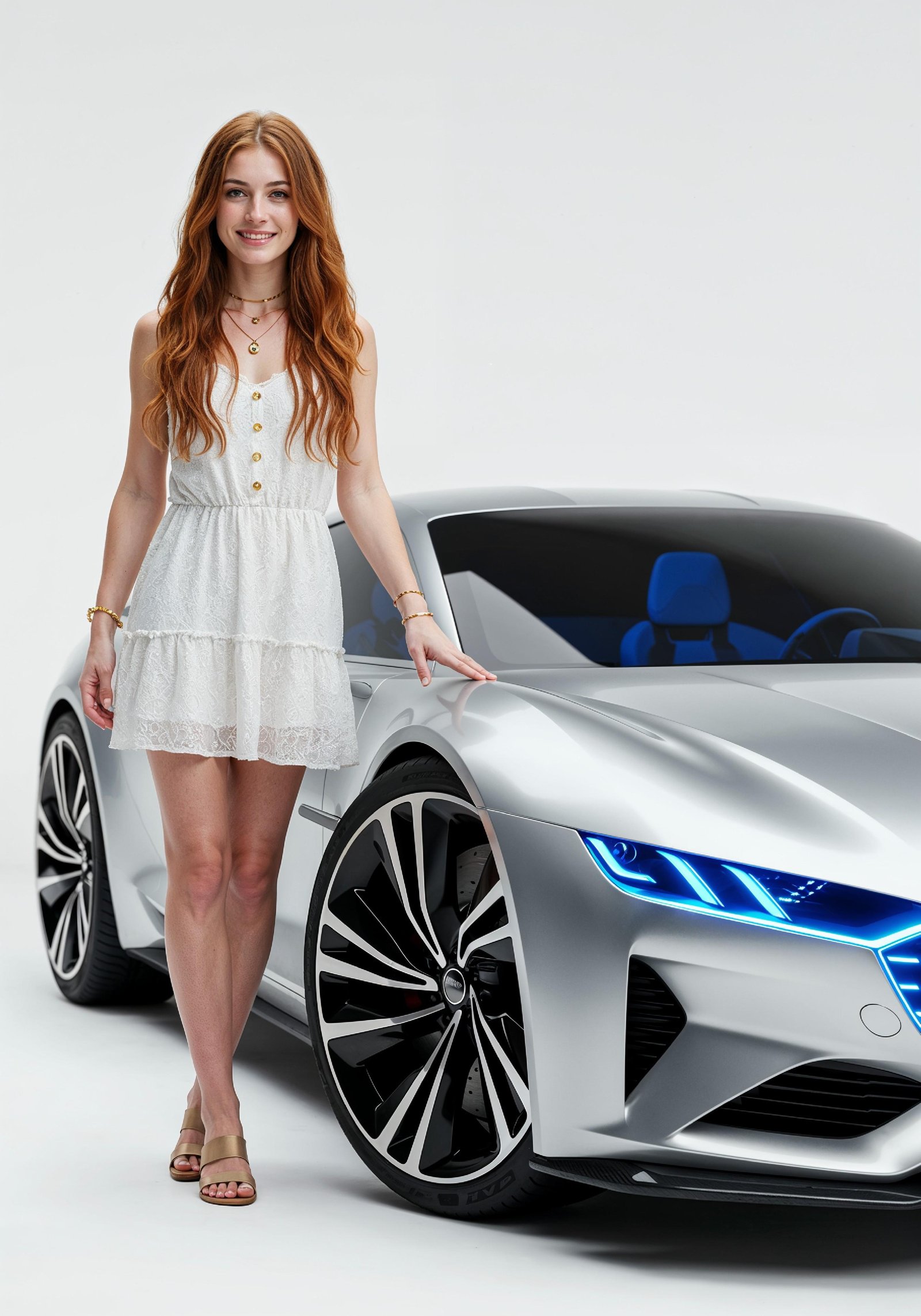 Elegant Young Woman Standing Beside Luxury Car in Fashion Lifestyle Portrait