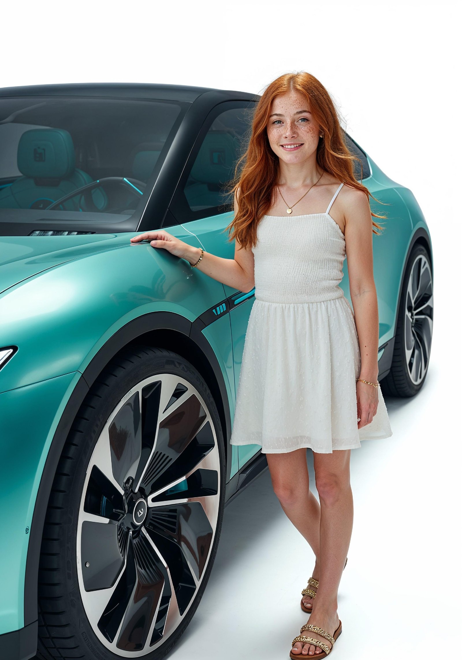 Elegant Young Woman Standing Beside Luxury Car in Fashion Lifestyle Portrait