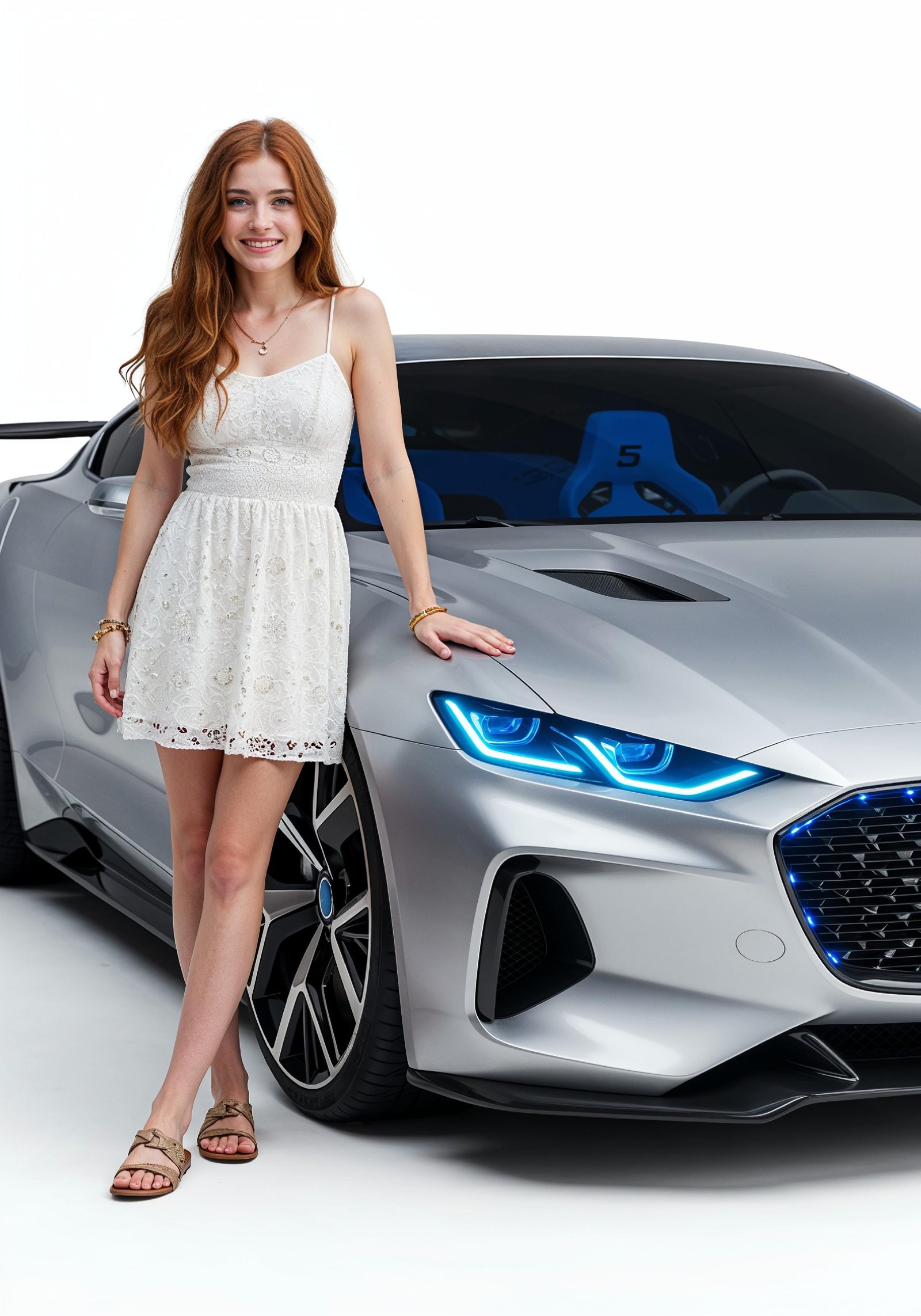 Elegant Young Woman Standing Beside Luxury Car in Fashion Lifestyle Portrait