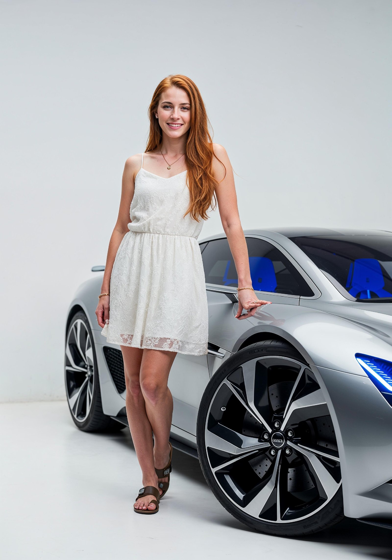 Elegant Young Woman Standing Beside Luxury Car in Fashion Lifestyle Portrait