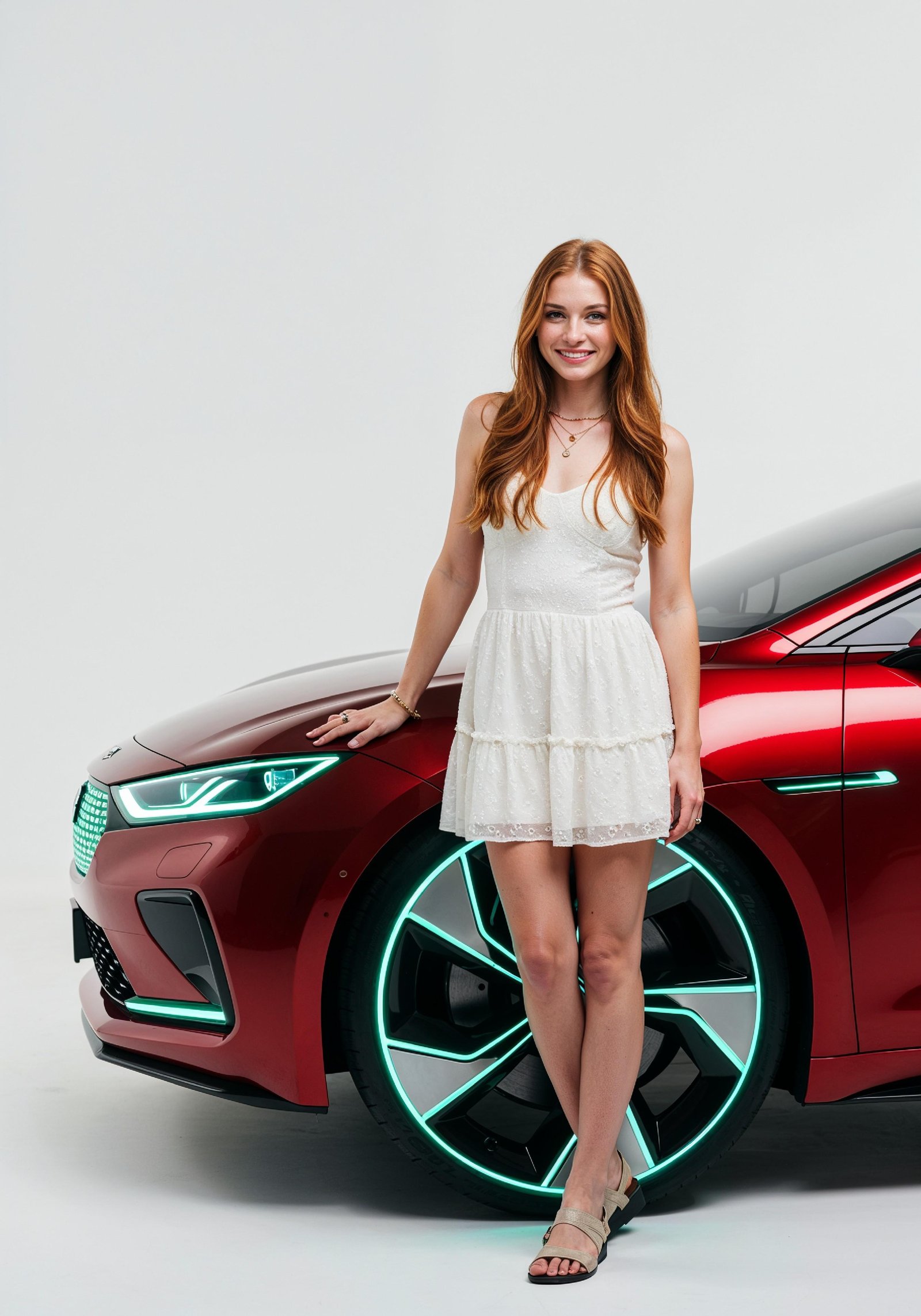 Elegant Young Woman Standing Beside Luxury Car in Fashion Lifestyle Portrait