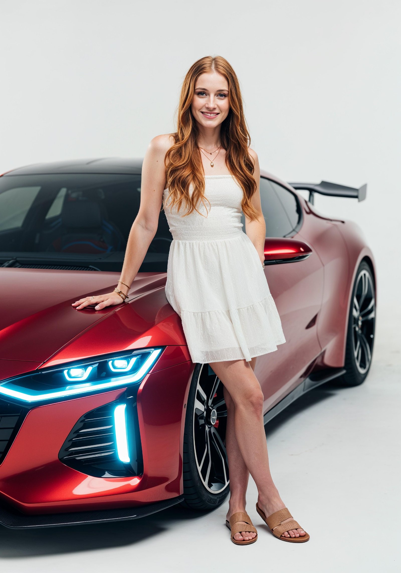 Elegant Young Woman Standing Beside Luxury Car in Fashion Lifestyle Portrait