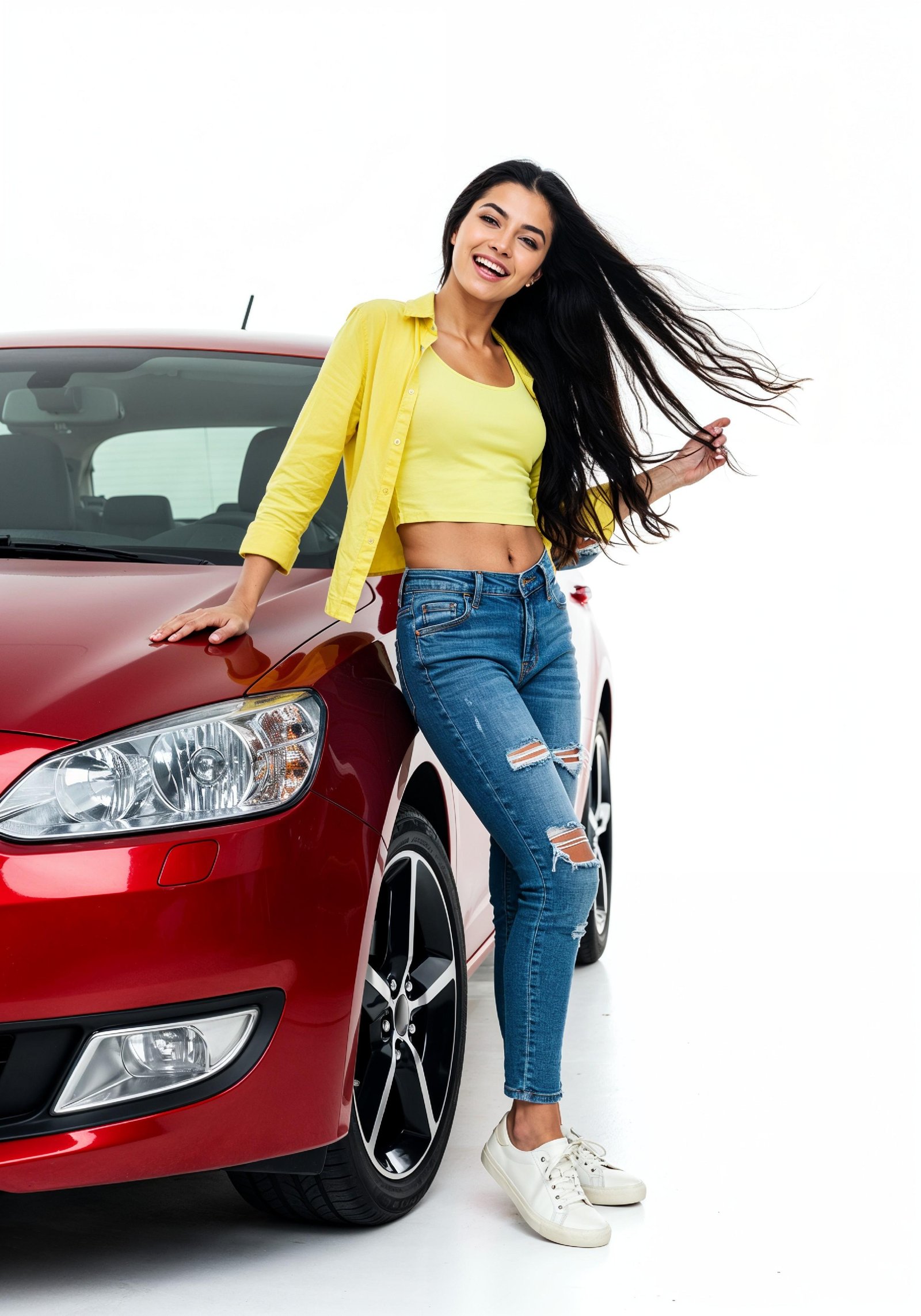 Elegant Young Woman Standing Beside Luxury Car in Fashion Lifestyle Portrait