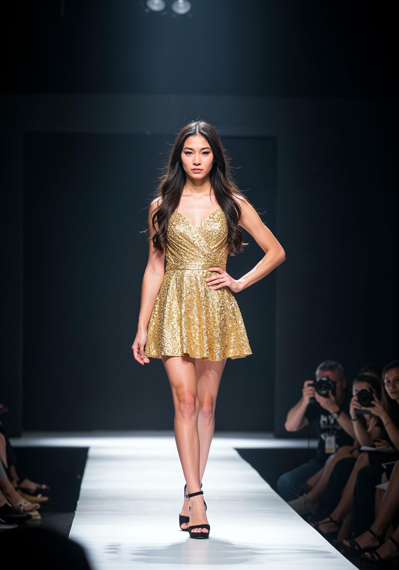 Fashion Model Walking on Runway During Luxury Fashion Show with Stage Lights and Audience