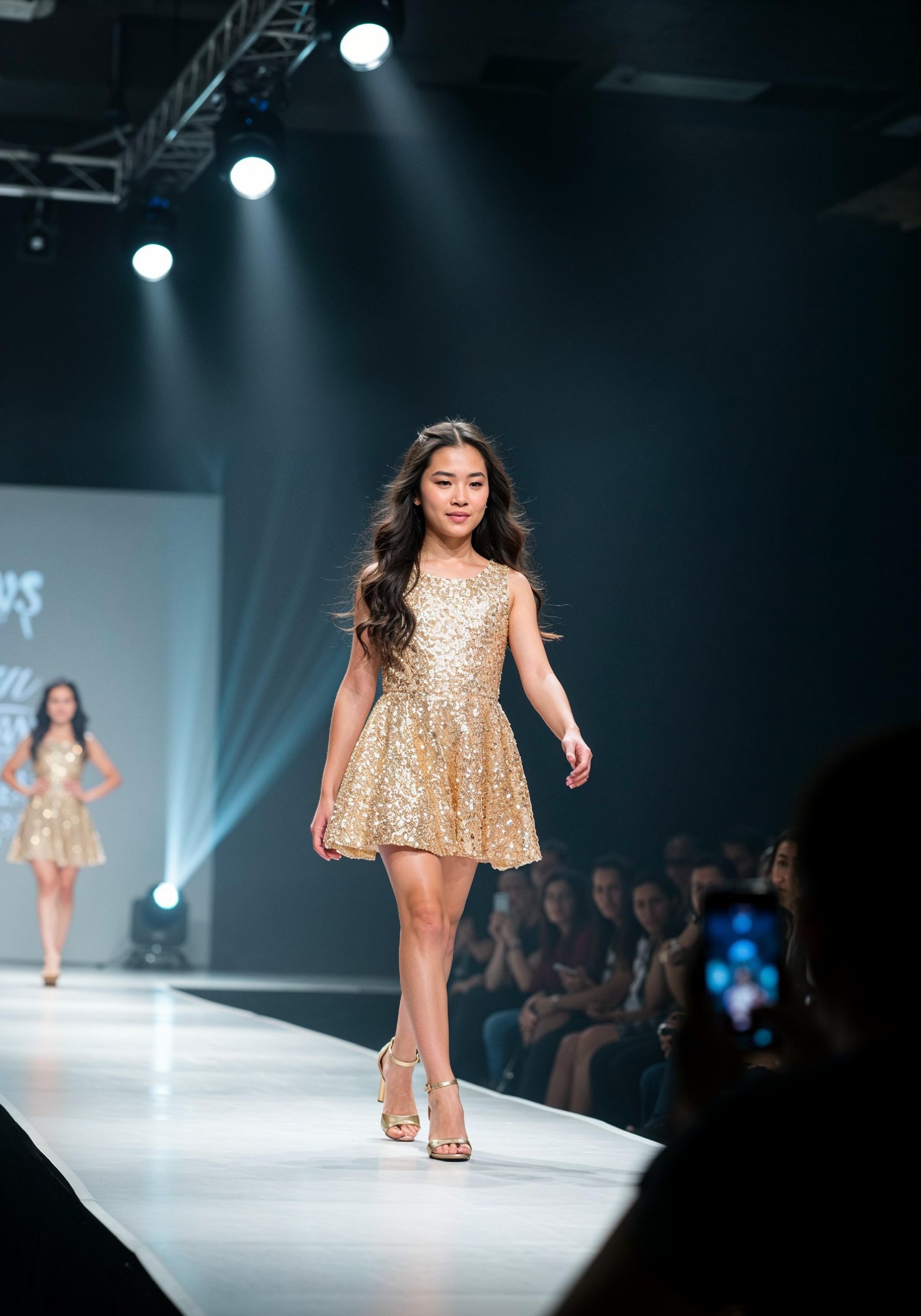 Fashion Model Walking on Runway During Luxury Fashion Show with Stage Lights and Audience