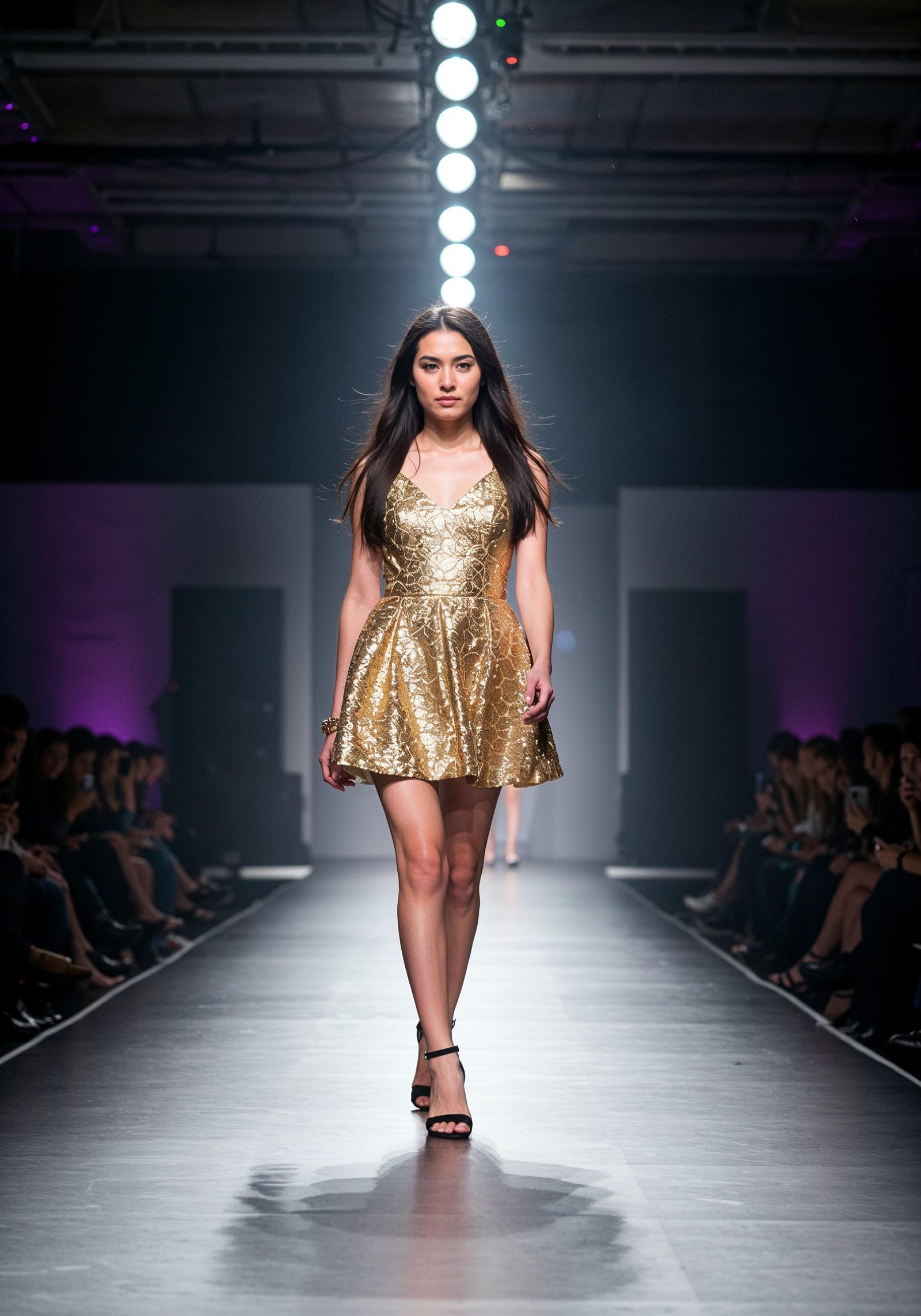 Fashion Model Walking on Runway During Luxury Fashion Show with Stage Lights and Audience