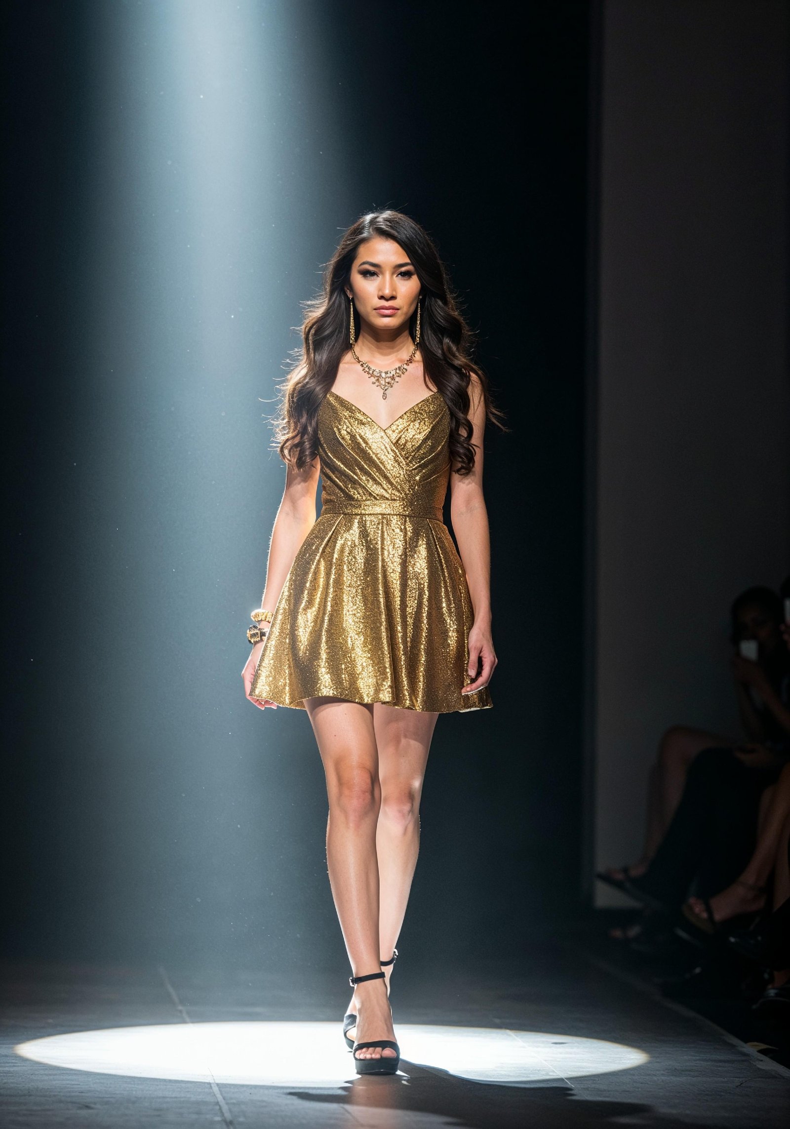 Fashion Model Walking on Runway During Luxury Fashion Show with Stage Lights and Audience