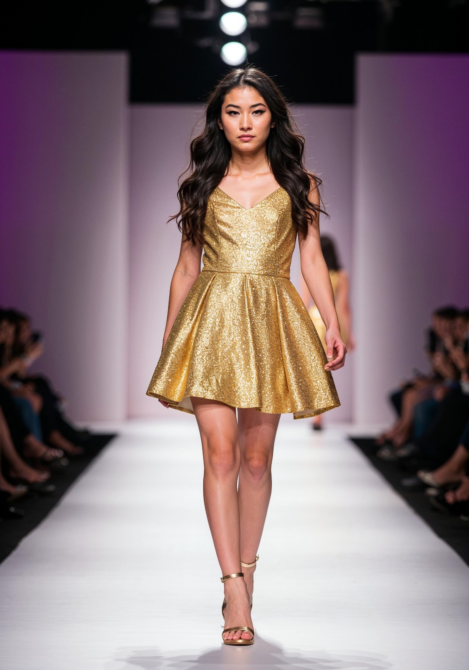 Fashion Model Walking on Runway During Luxury Fashion Show with Stage Lights and Audience