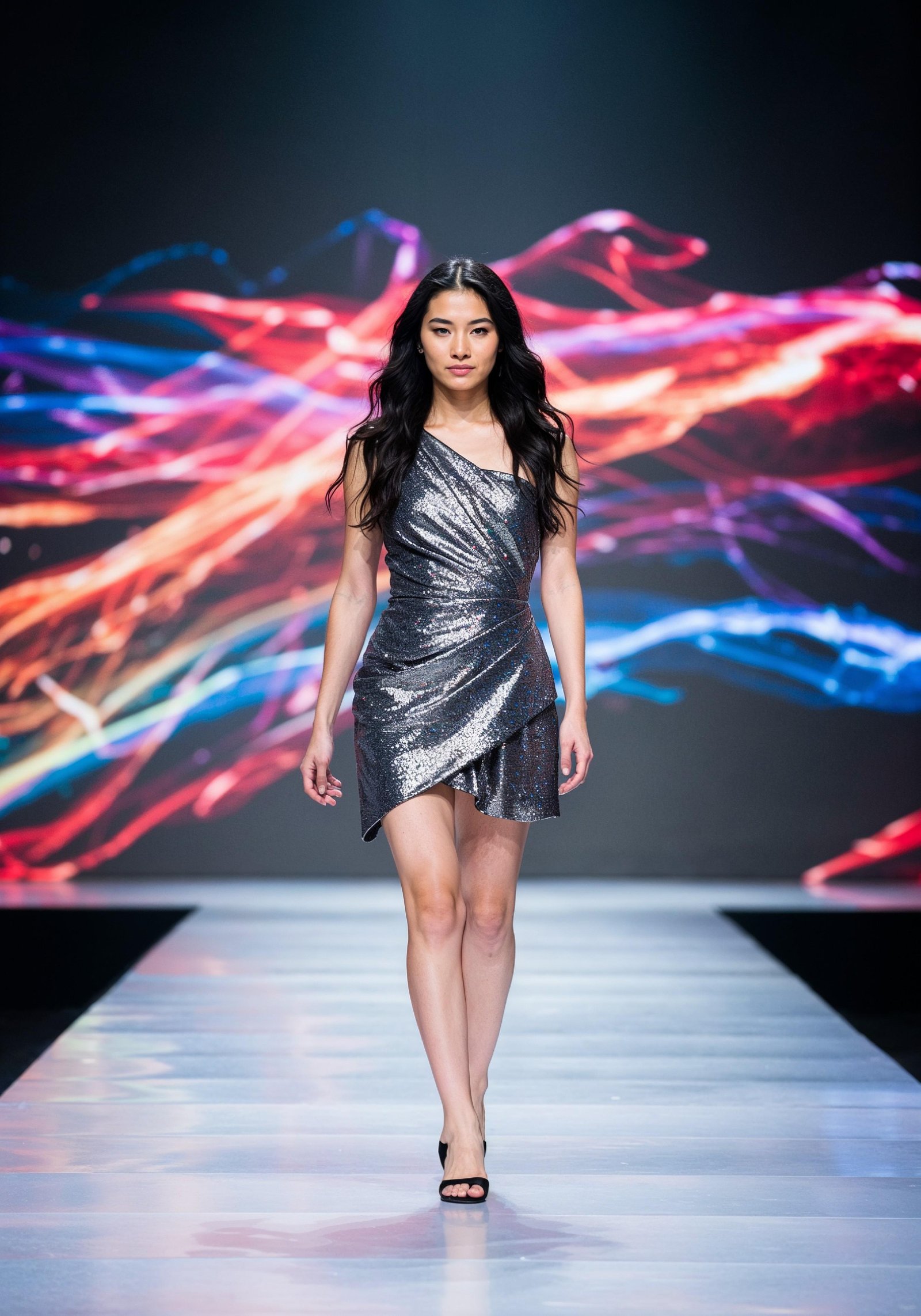Fashion Model Walking on Runway During Luxury Fashion Show with Stage Lights and Audience