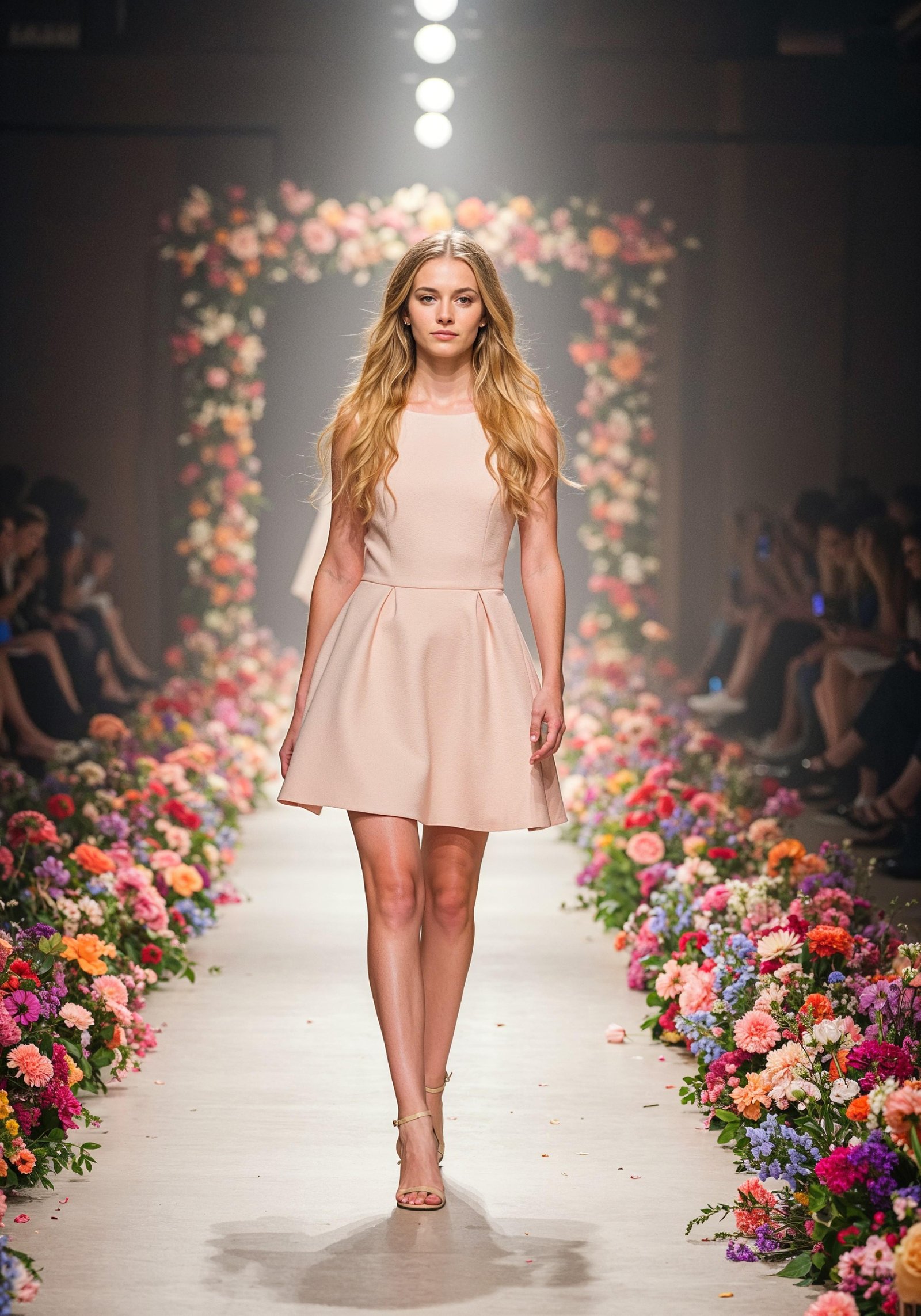 Fashion Model Walking on Runway During Luxury Fashion Show with Stage Lights and Audience