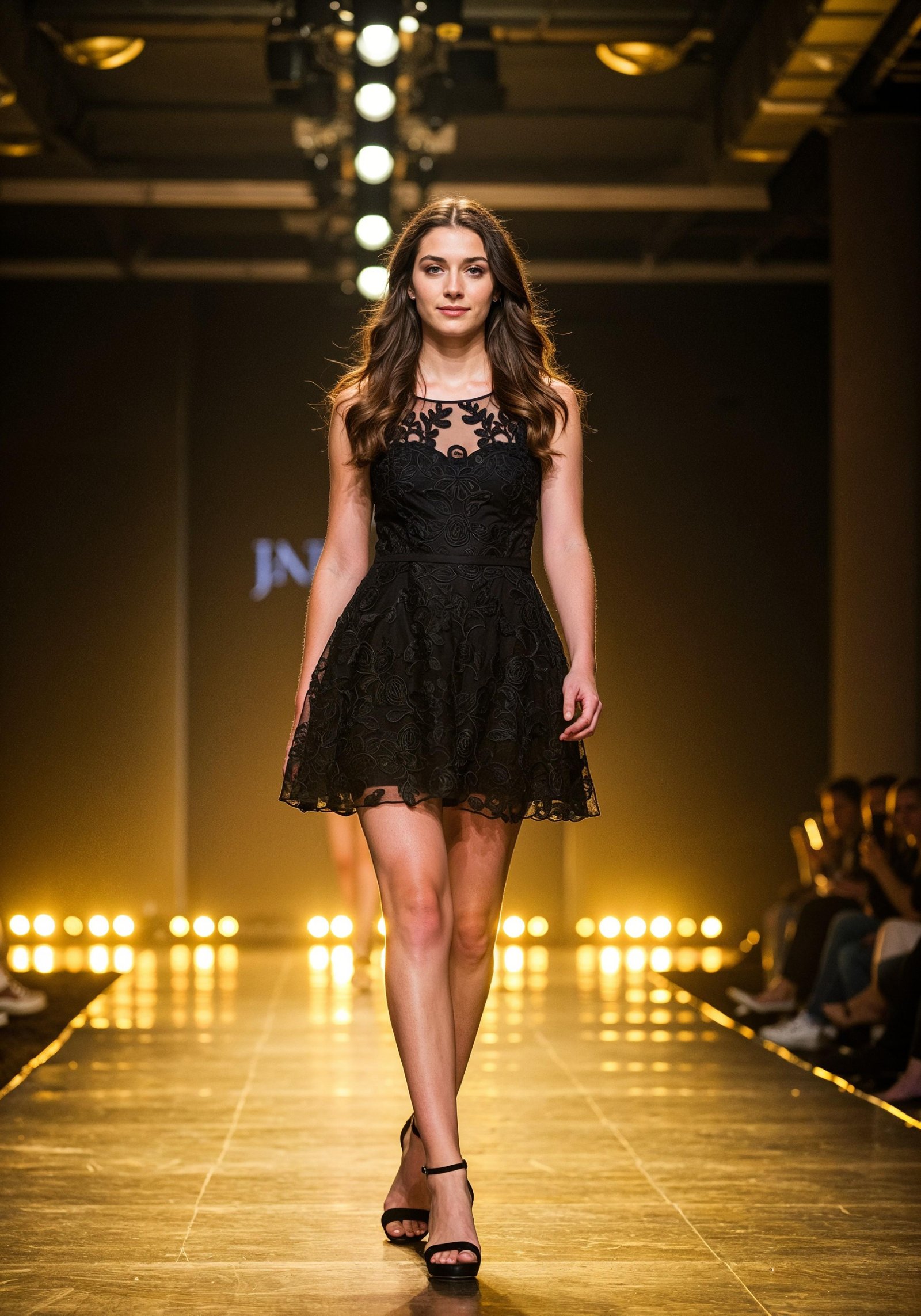 Fashion Model Walking on Runway During Luxury Fashion Show with Stage Lights and Audience