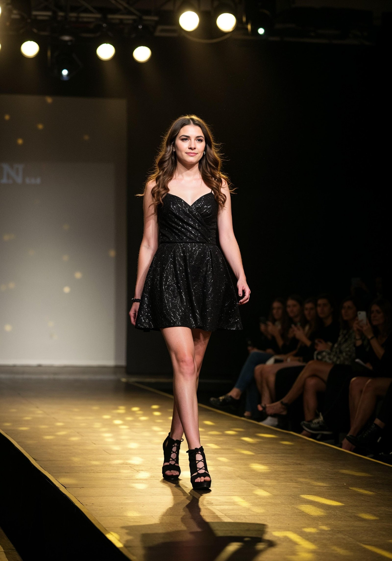 Fashion Model Walking on Runway During Luxury Fashion Show with Stage Lights and Audience
