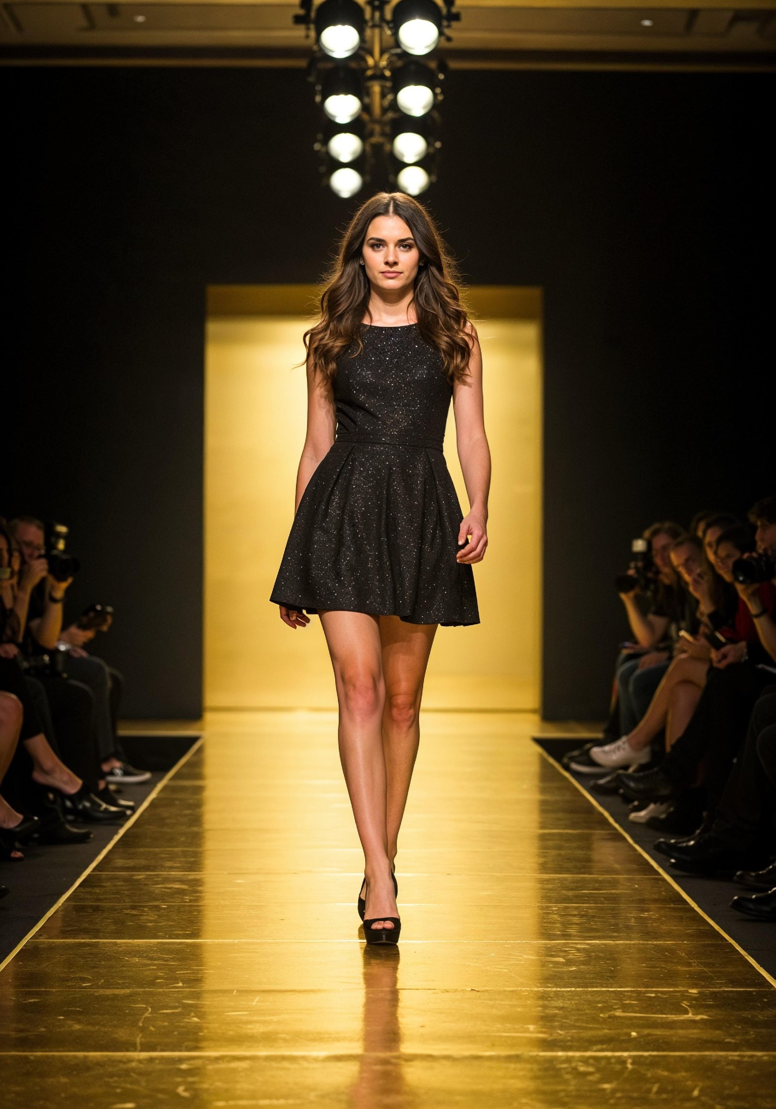 Fashion Model Walking on Runway During Luxury Fashion Show with Stage Lights and Audience