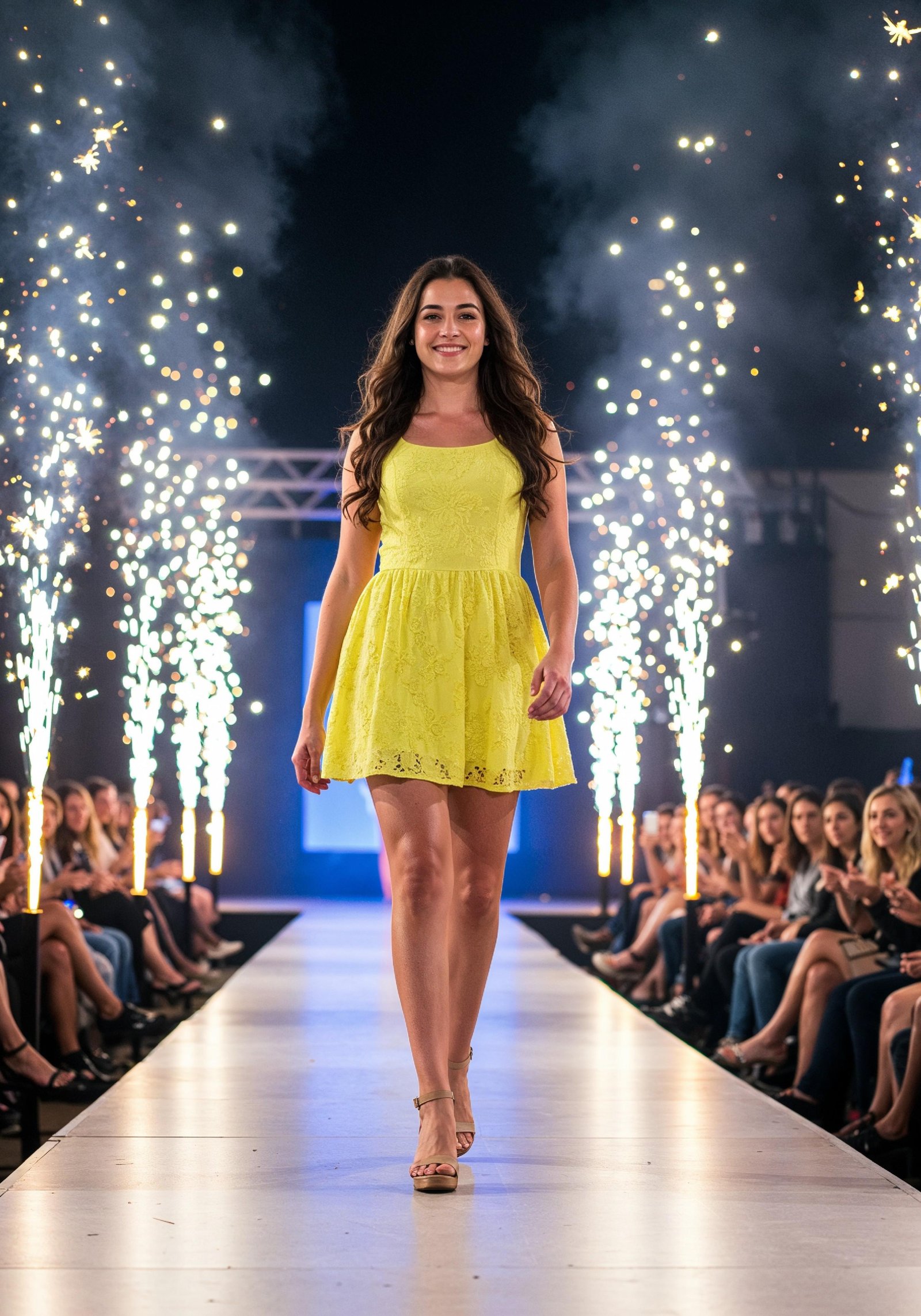 Fashion Model Walking on Runway During Luxury Fashion Show with Stage Lights and Audience