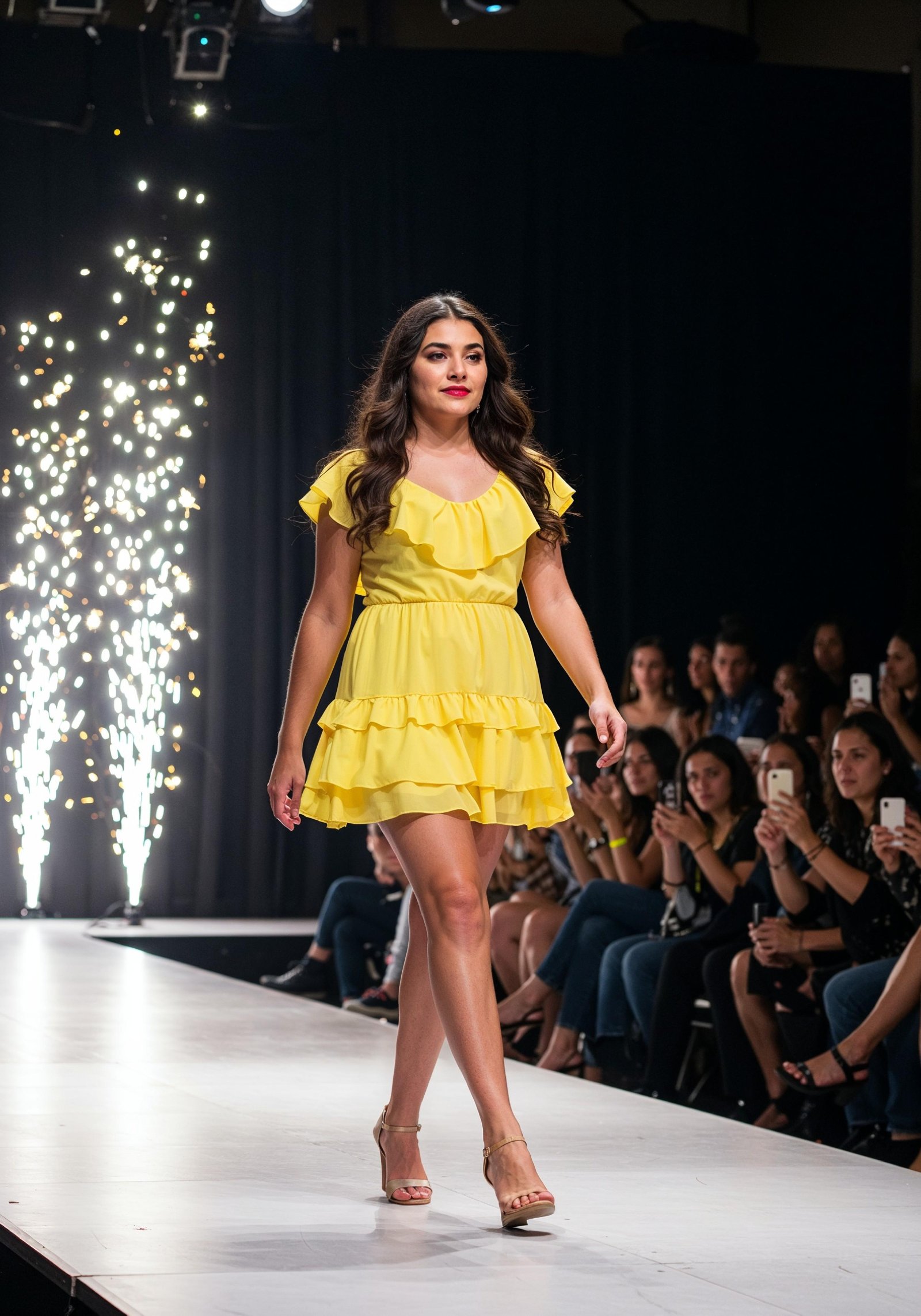 Fashion Model Walking on Runway During Luxury Fashion Show with Stage Lights and Audience