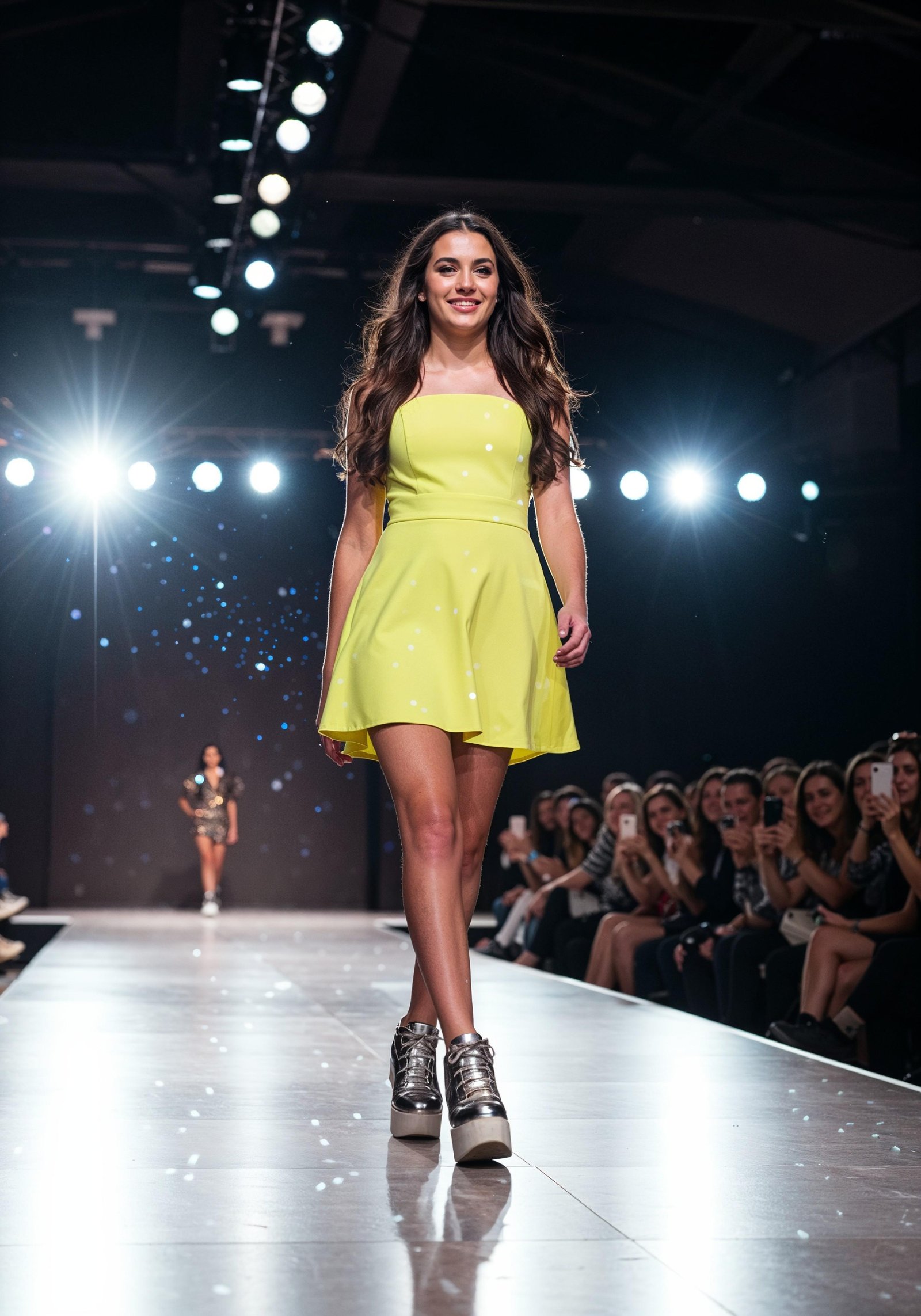 Fashion Model Walking on Runway During Luxury Fashion Show with Stage Lights and Audience