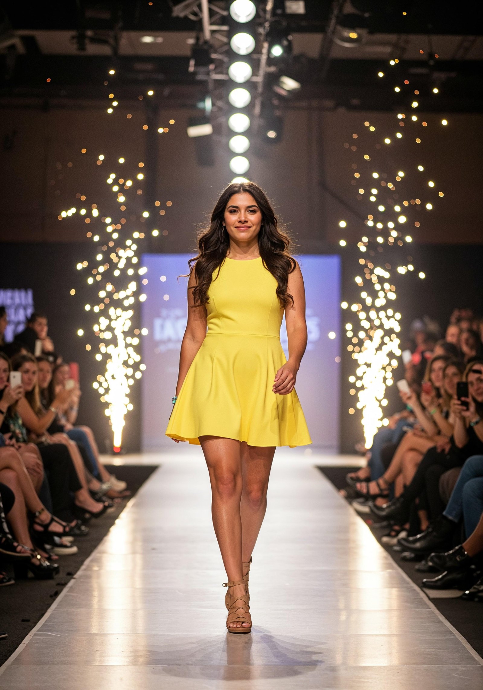 Fashion Model Walking on Runway During Luxury Fashion Show with Stage Lights and Audience
