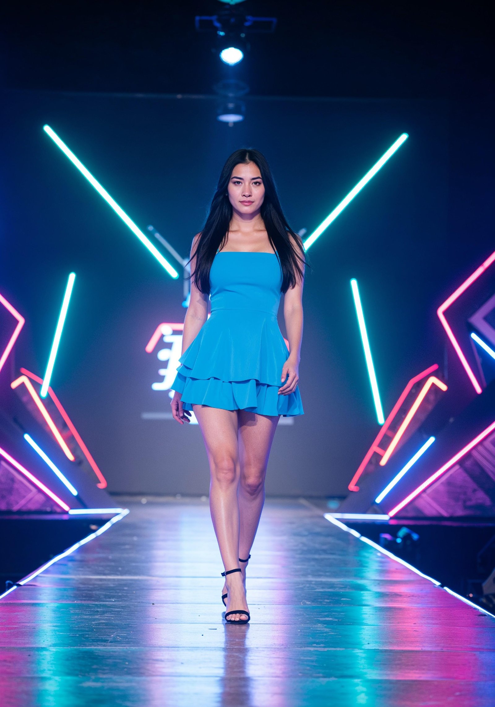 Fashion Model Walking on Runway During Luxury Fashion Show with Stage Lights and Audience