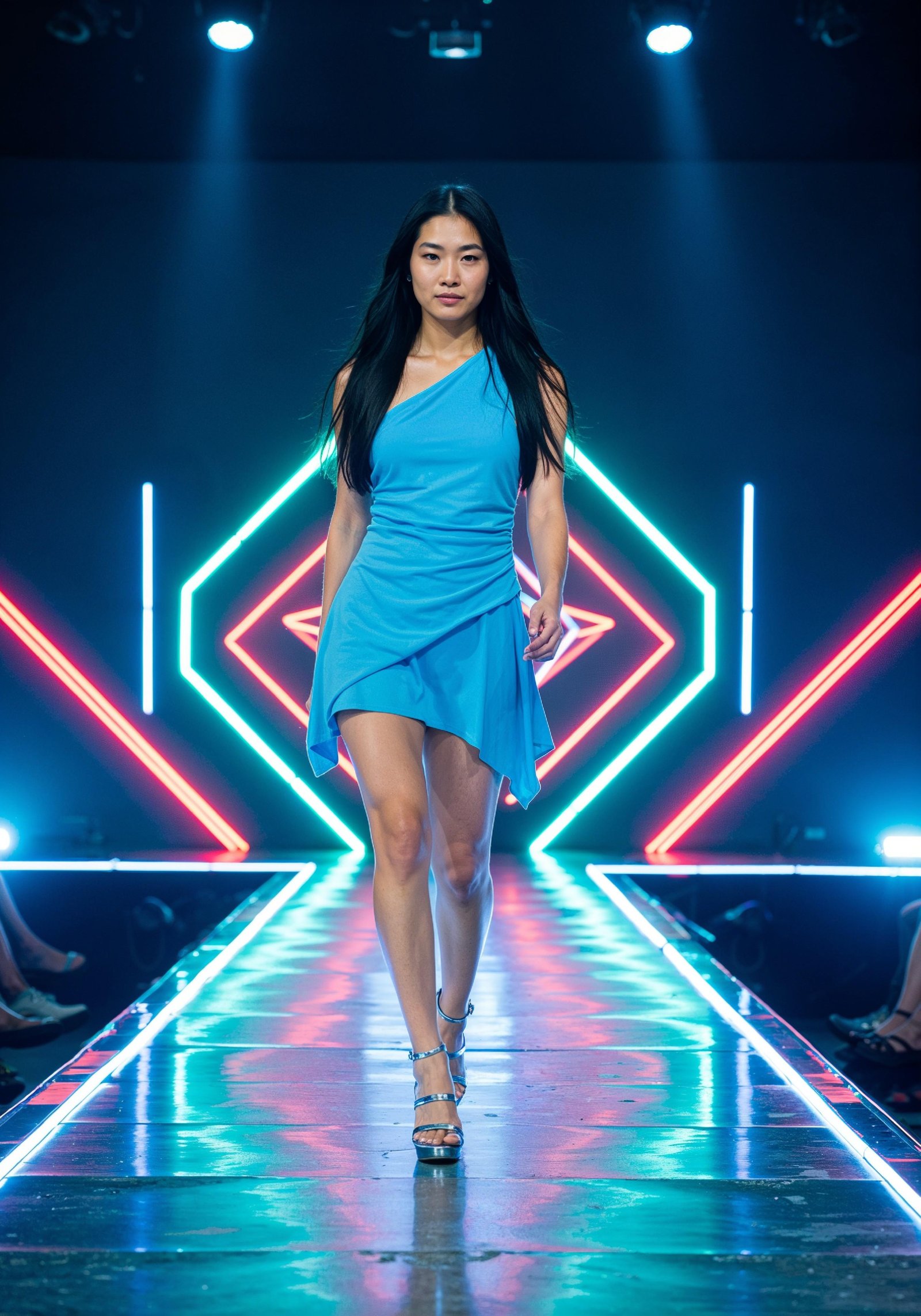 Fashion Model Walking on Runway During Luxury Fashion Show with Stage Lights and Audience