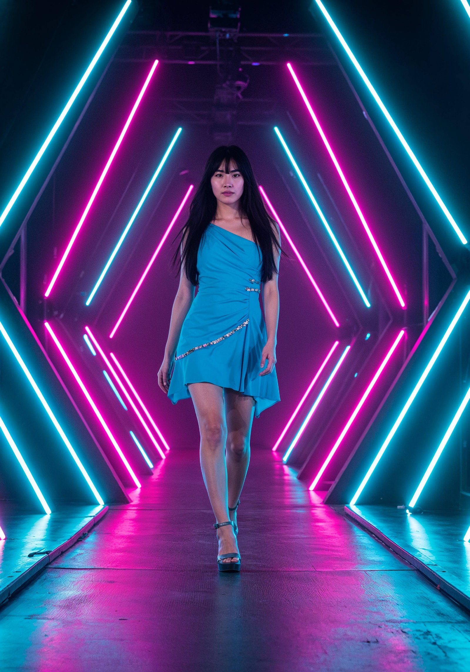 Fashion Model Walking on Runway During Luxury Fashion Show with Stage Lights and Audience