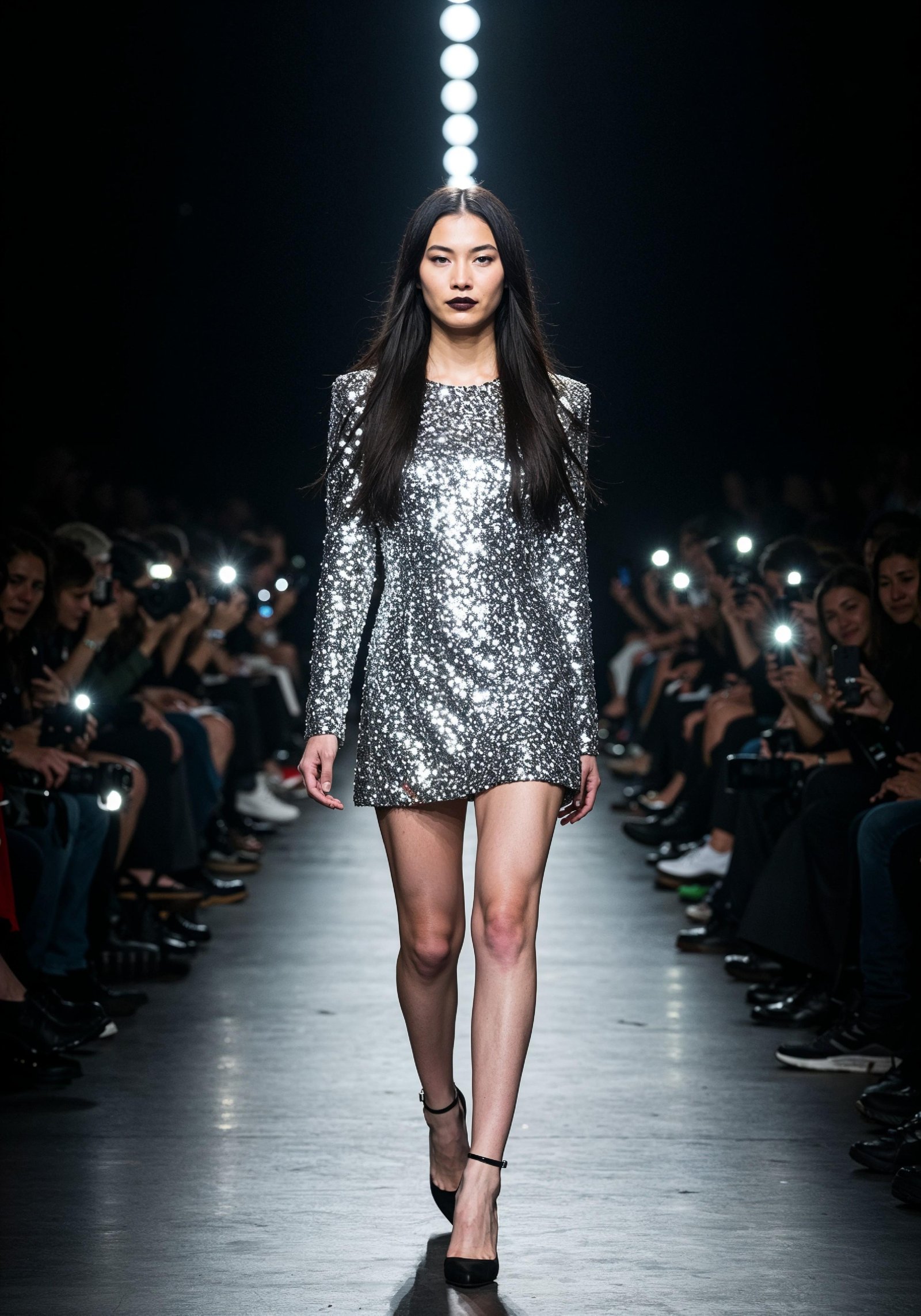 Fashion Model Walking on Runway During Luxury Fashion Show with Stage Lights and Audience
