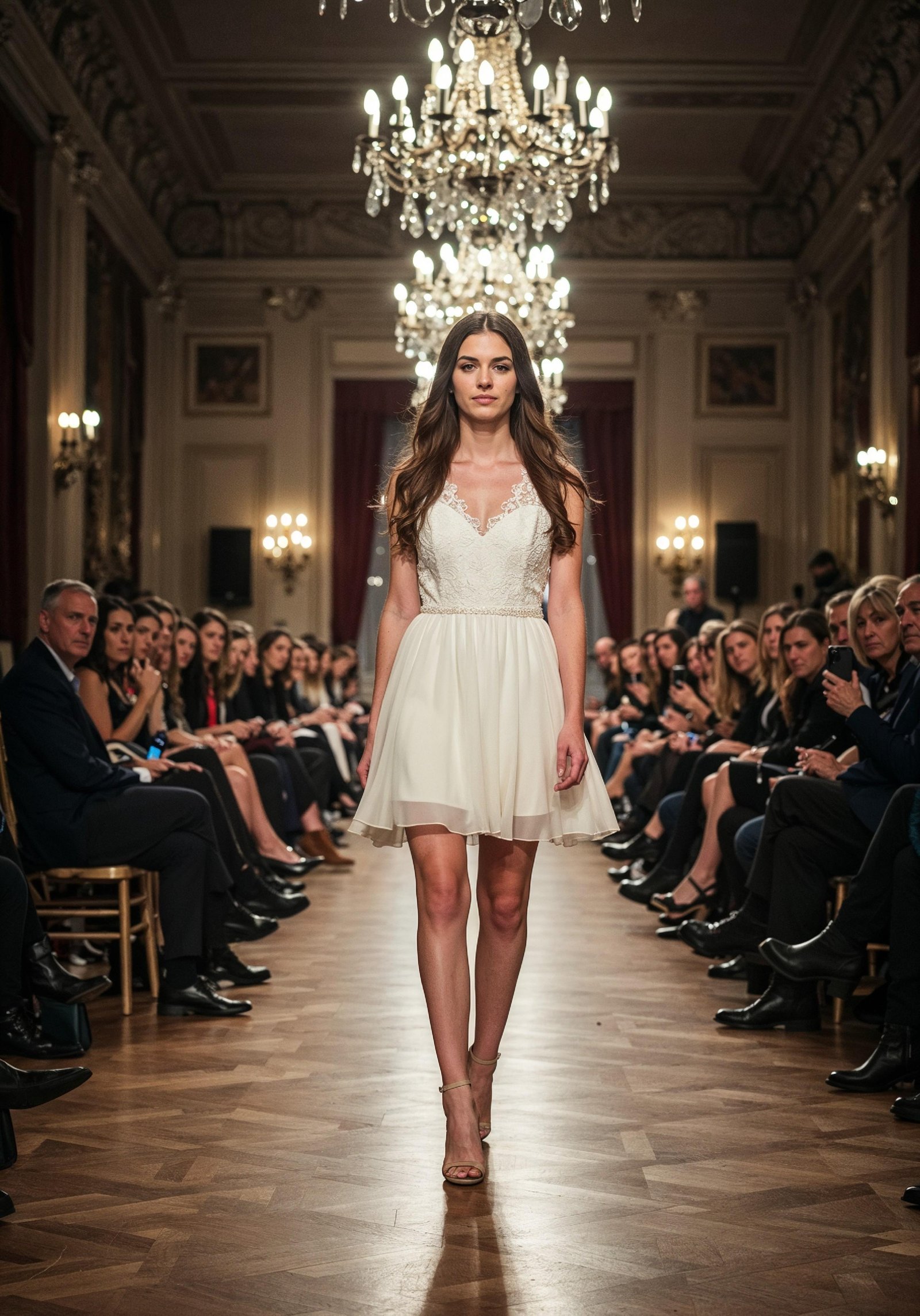 Fashion Model Walking on Runway During Luxury Fashion Show with Stage Lights and Audience