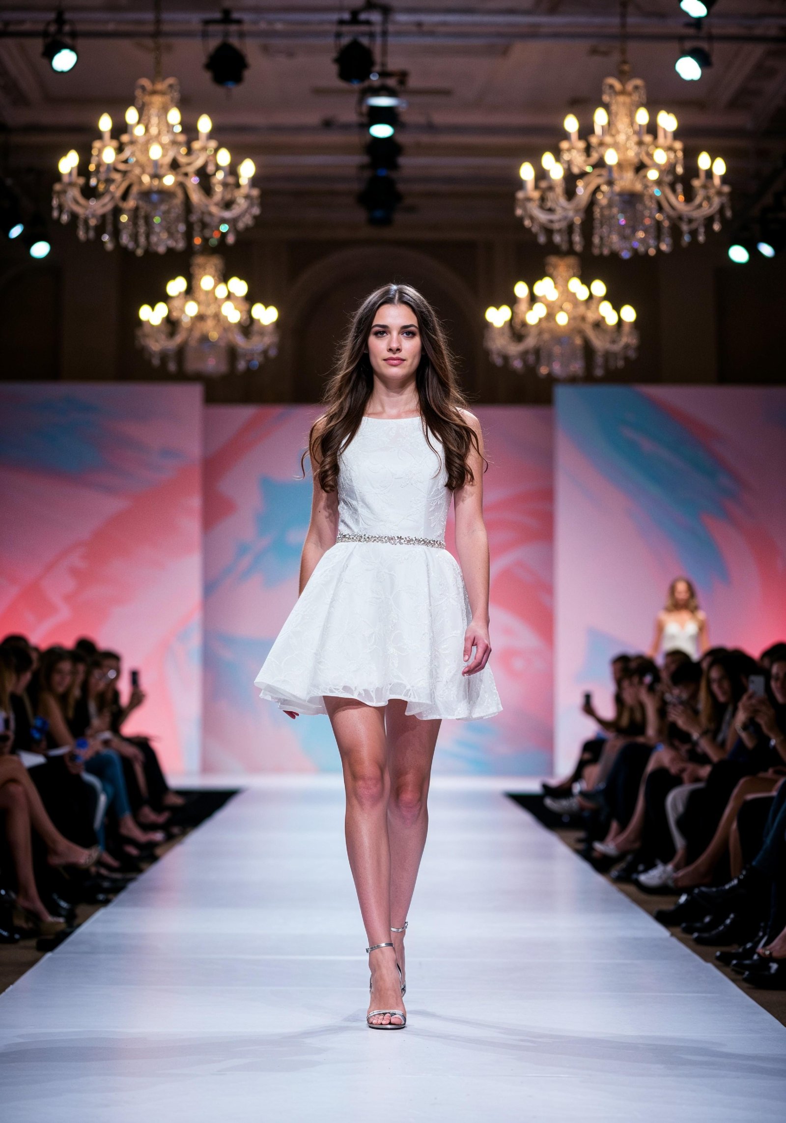 Fashion Model Walking on Runway During Luxury Fashion Show with Stage Lights and Audience