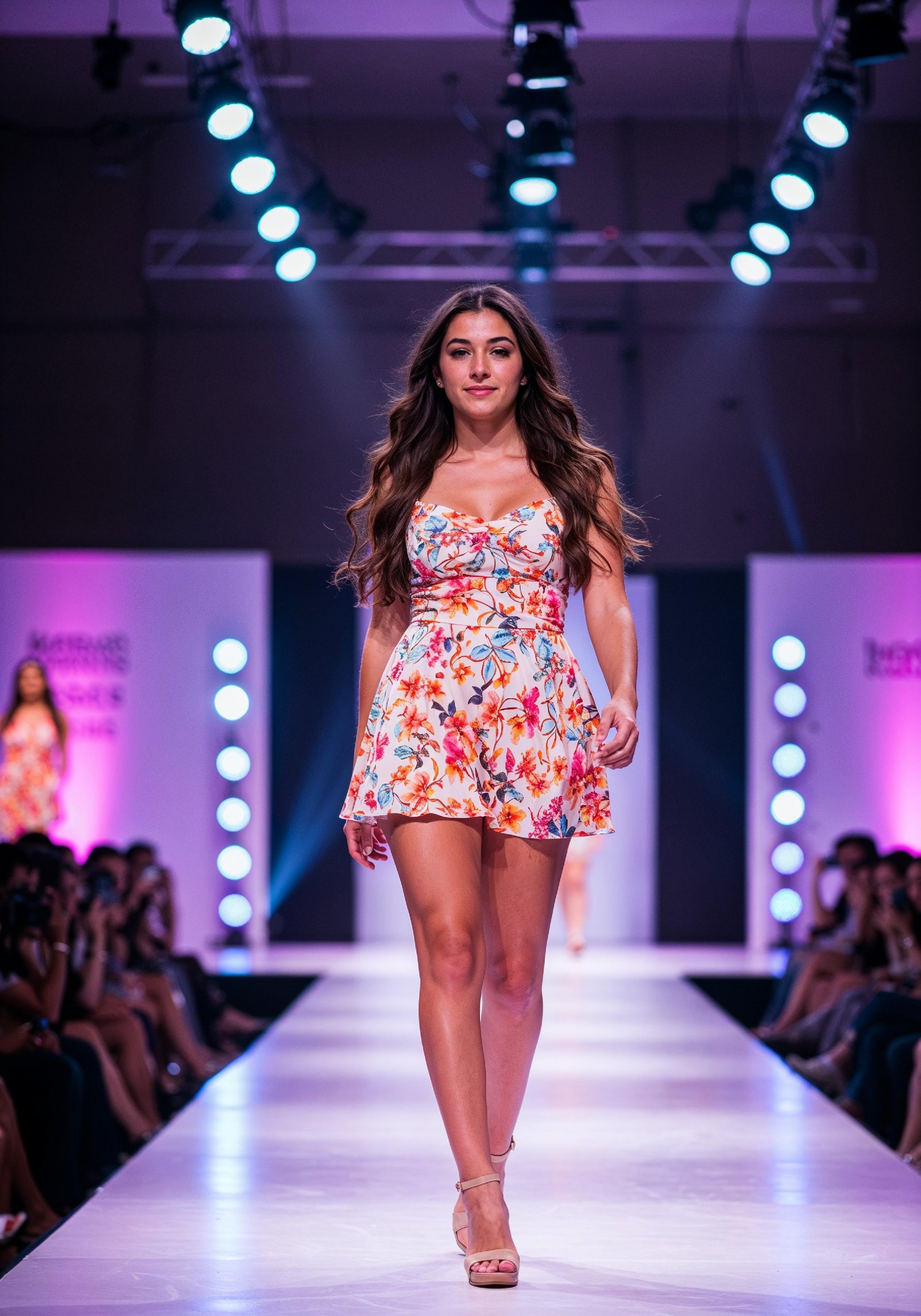 Fashion Model Walking on Runway During Luxury Fashion Show with Stage Lights and Audience
