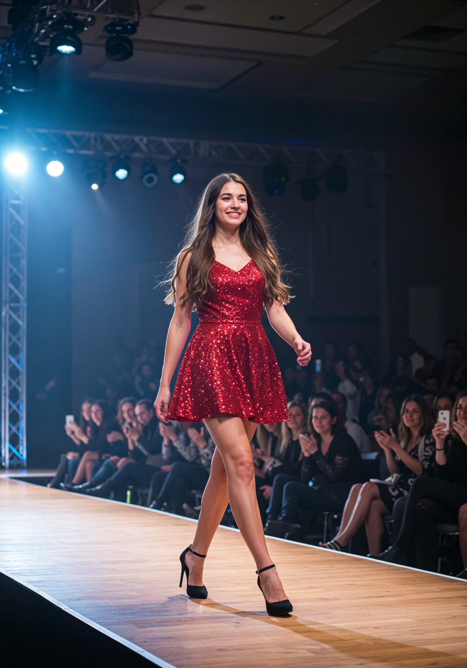 Fashion Model Walking on Runway During Luxury Fashion Show with Stage Lights and Audience