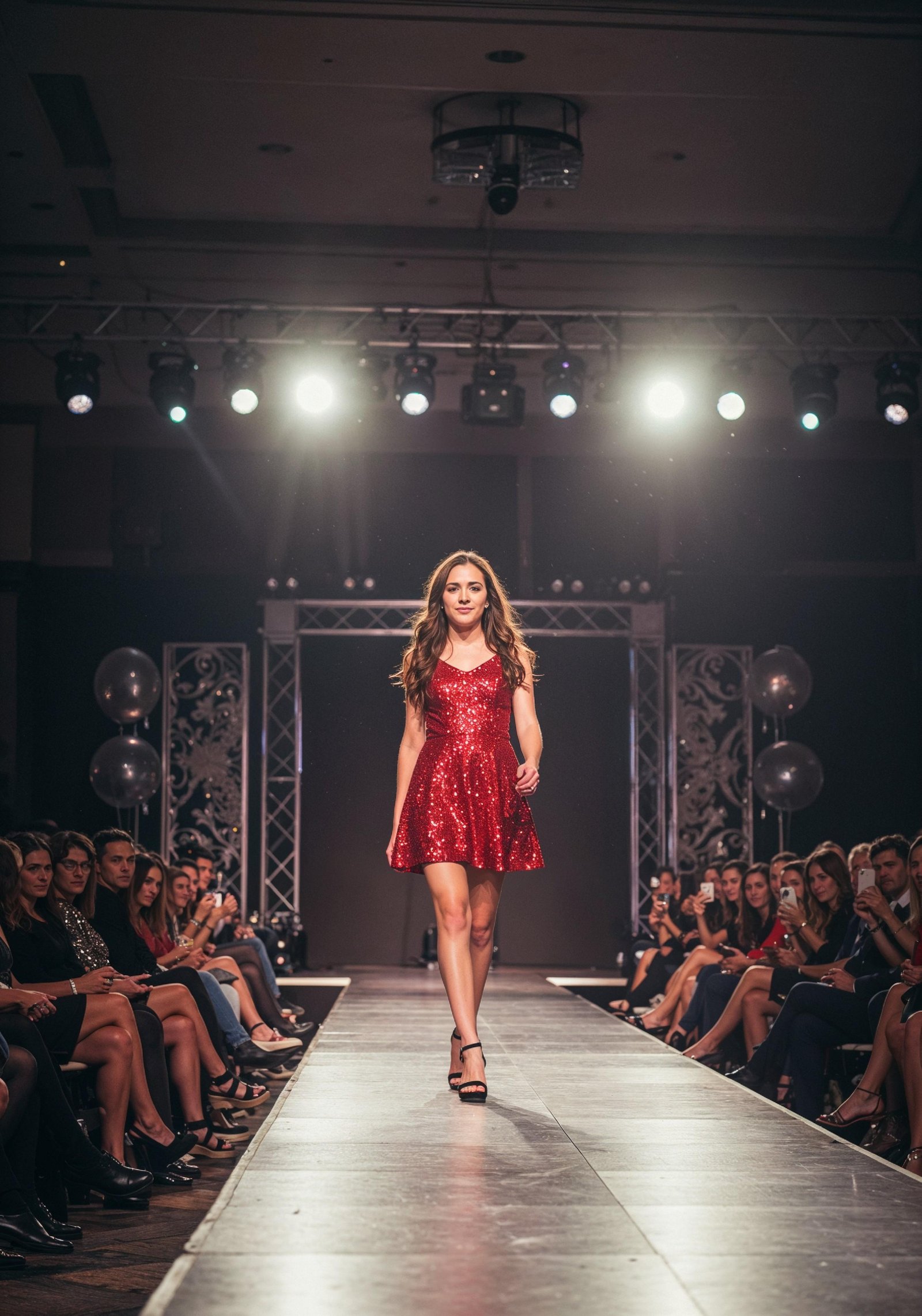 Fashion Model Walking on Runway During Luxury Fashion Show with Stage Lights and Audience