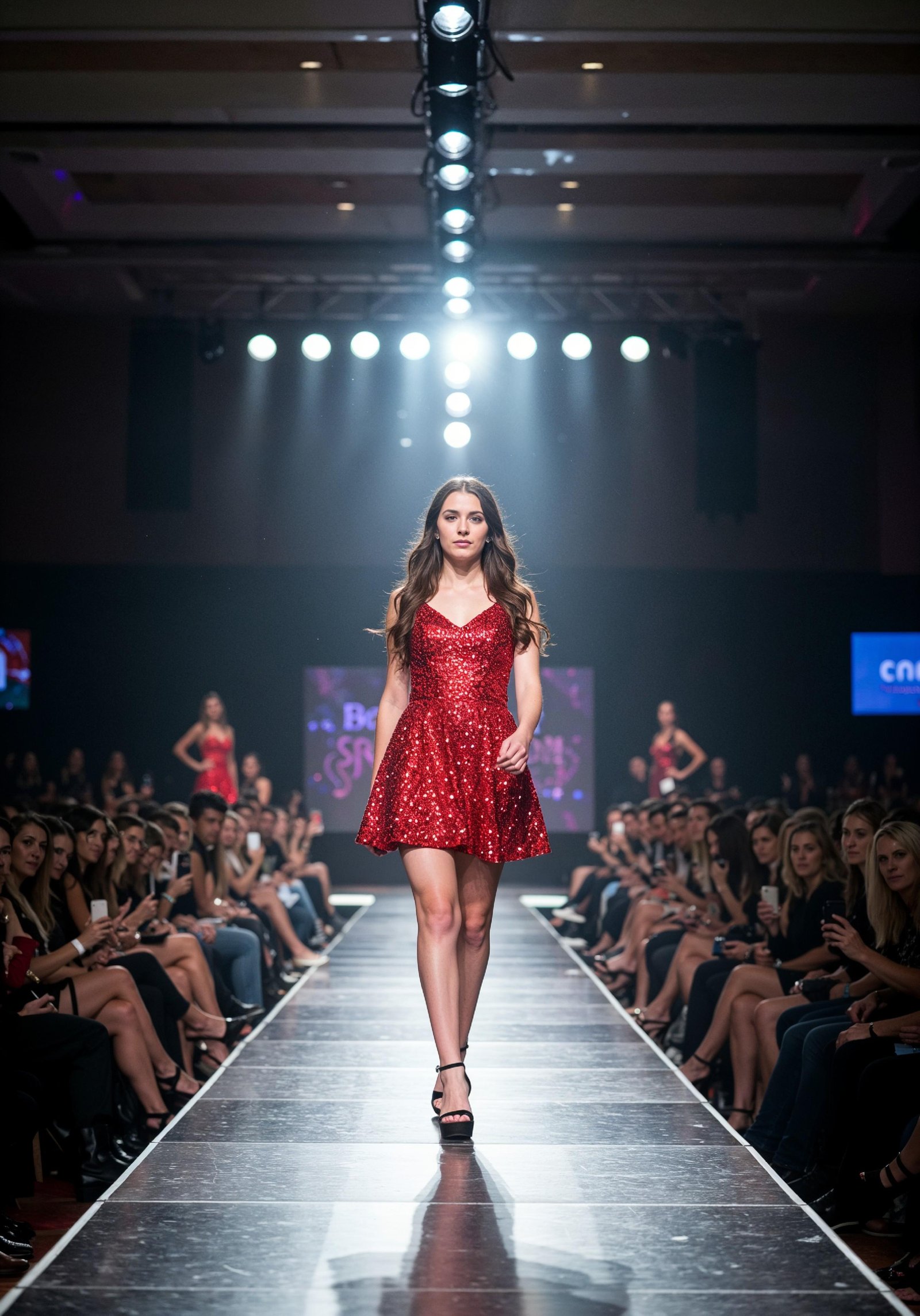 Fashion Model Walking on Runway During Luxury Fashion Show with Stage Lights and Audience