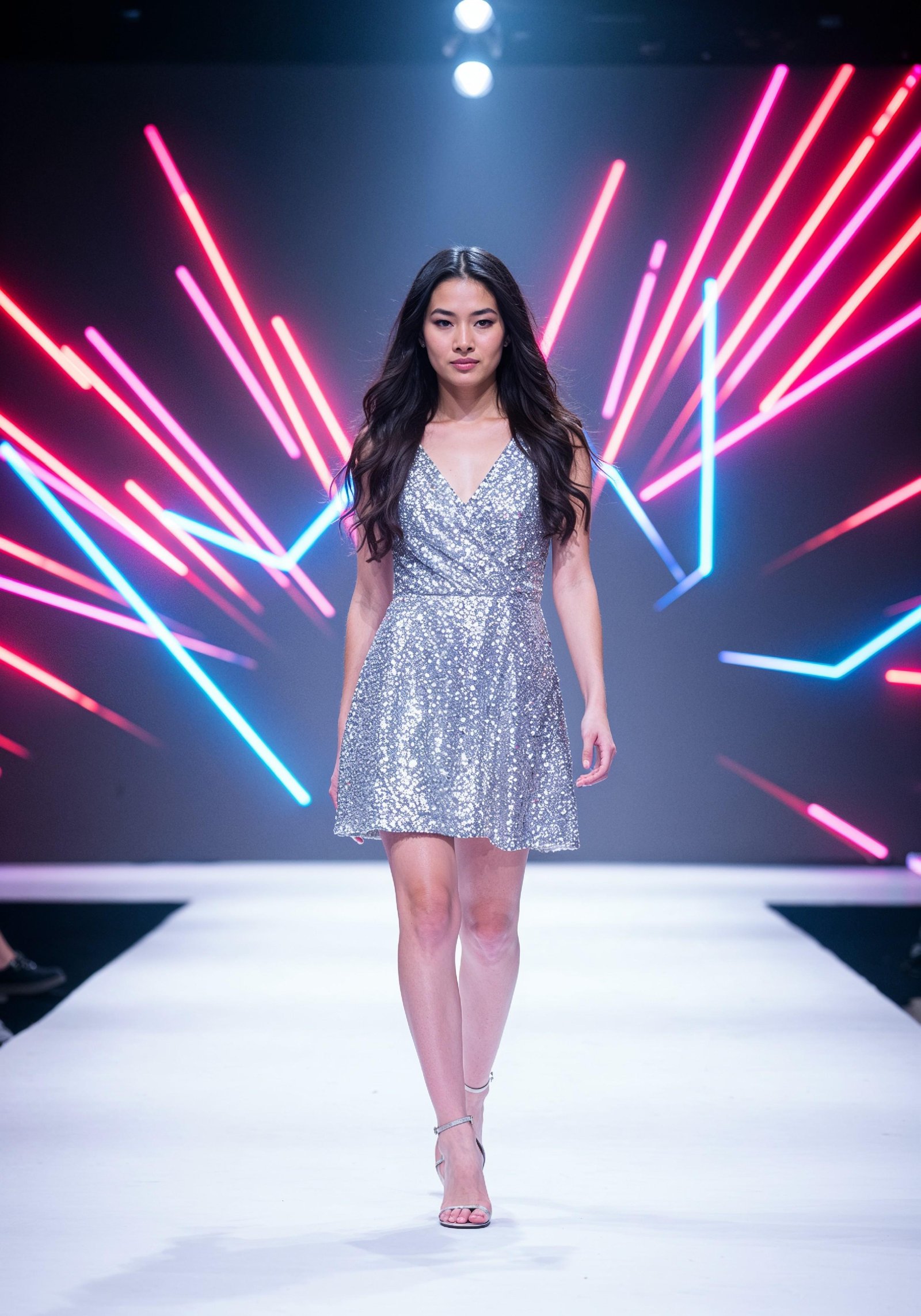 Fashion Model Walking on Runway During Luxury Fashion Show with Stage Lights and Audience