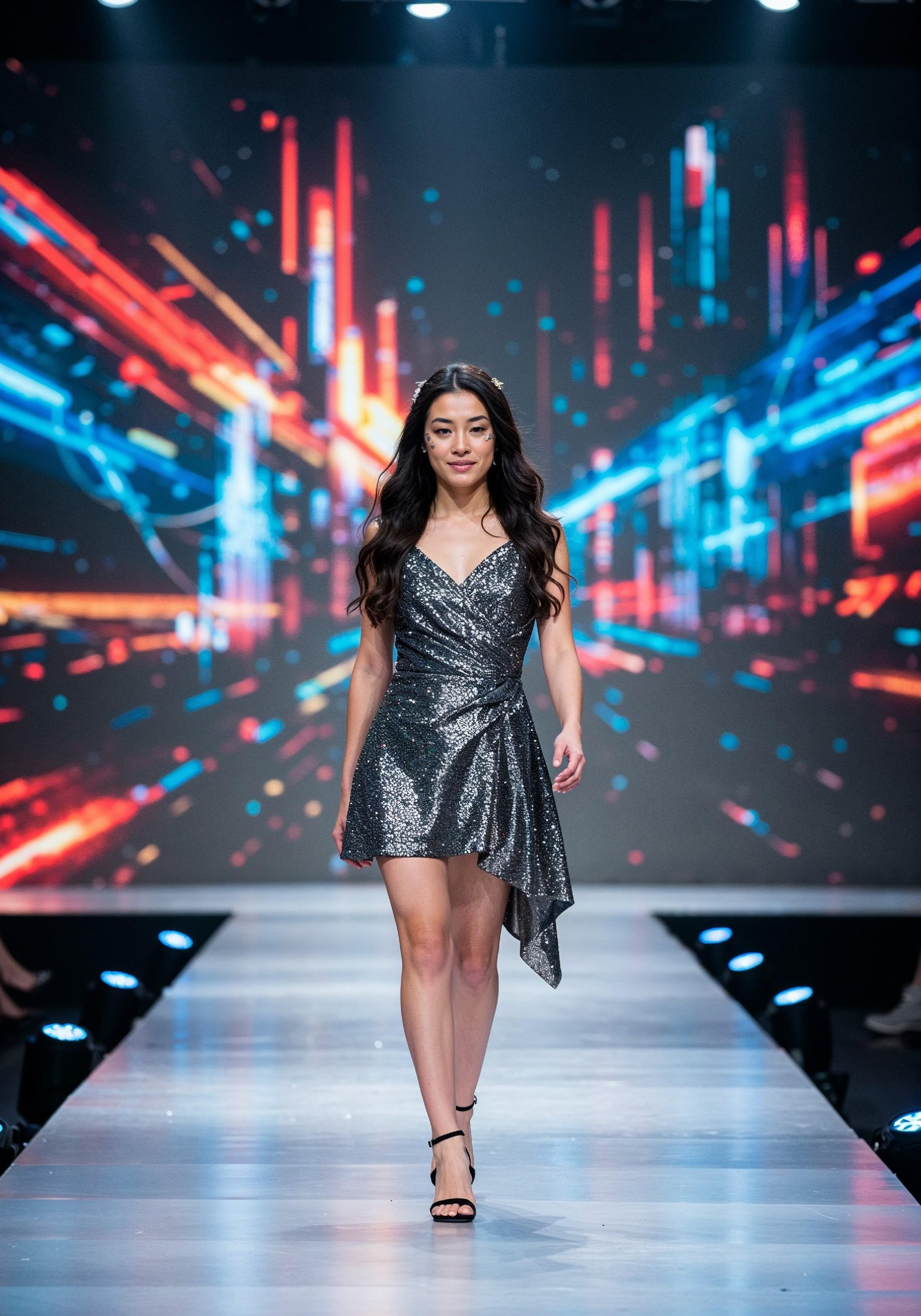Fashion Model Walking on Runway During Luxury Fashion Show with Stage Lights and Audience