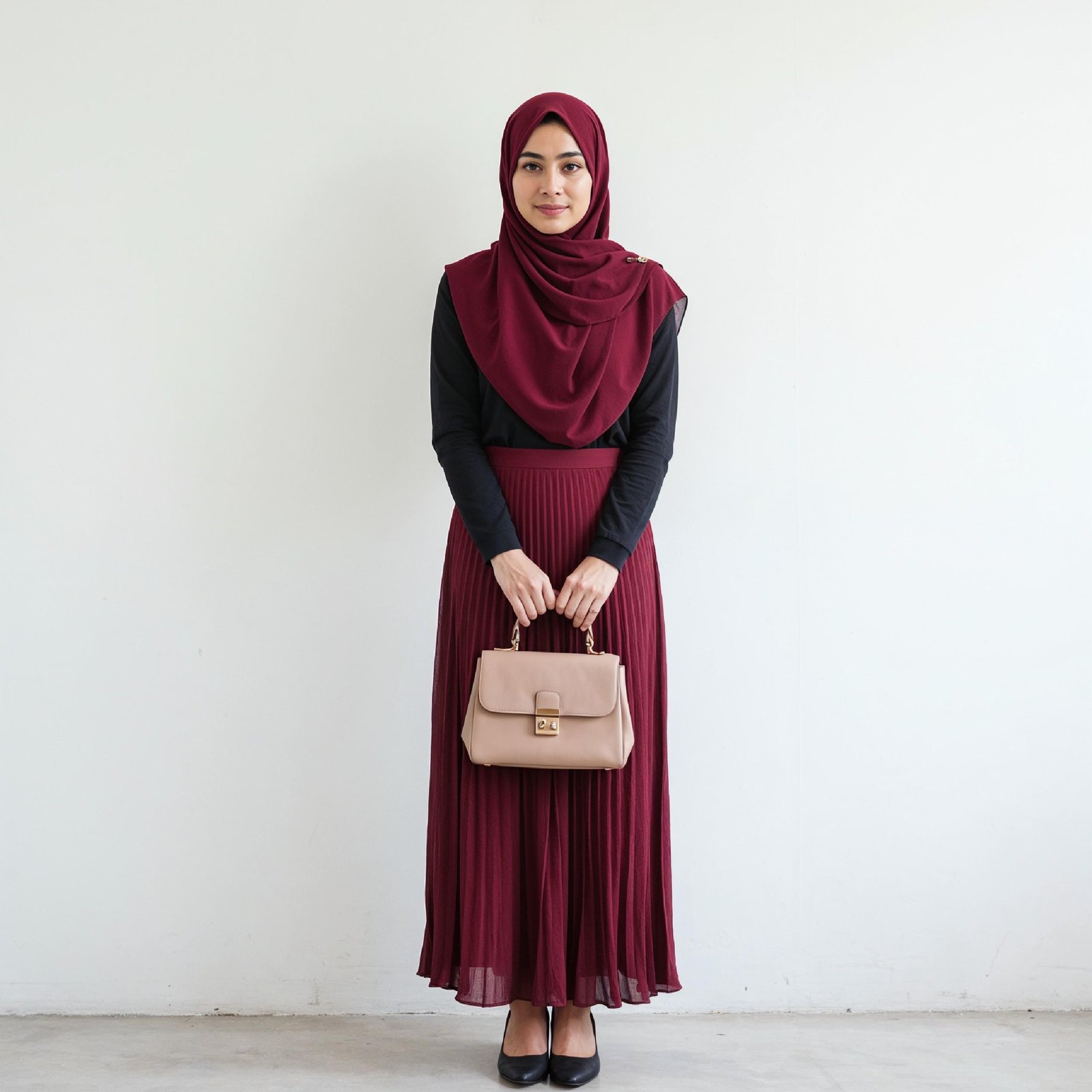 Fashionable Muslim Woman Wearing Maroon Hijab and Elegant Modest Outfit with Handbag