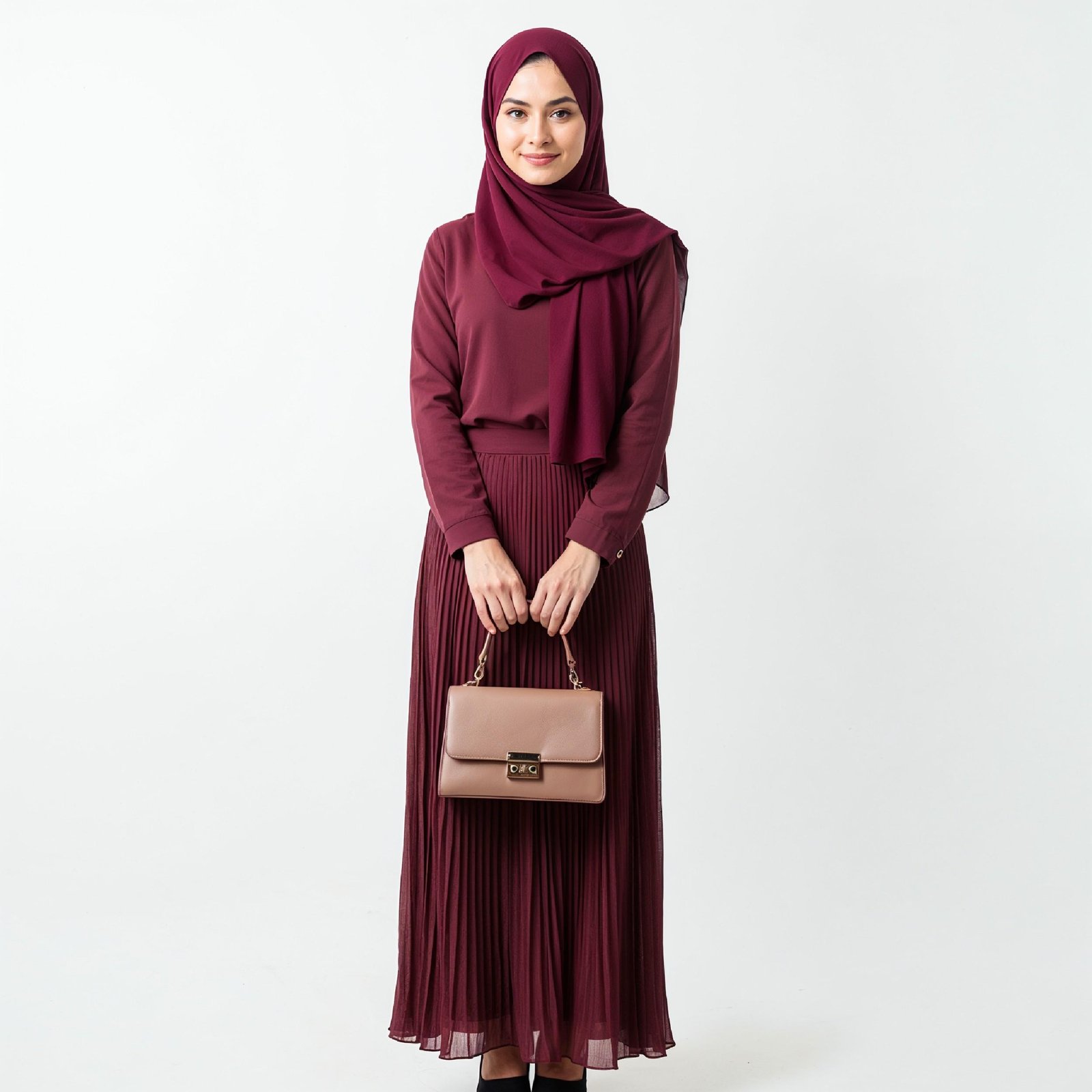 Fashionable Muslim Woman Wearing Maroon Hijab and Elegant Modest Outfit with Handbag