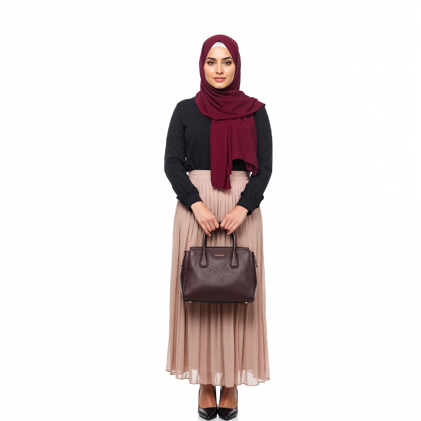 Fashionable Muslim Woman Wearing Maroon Hijab and Elegant Modest Outfit with Handbag