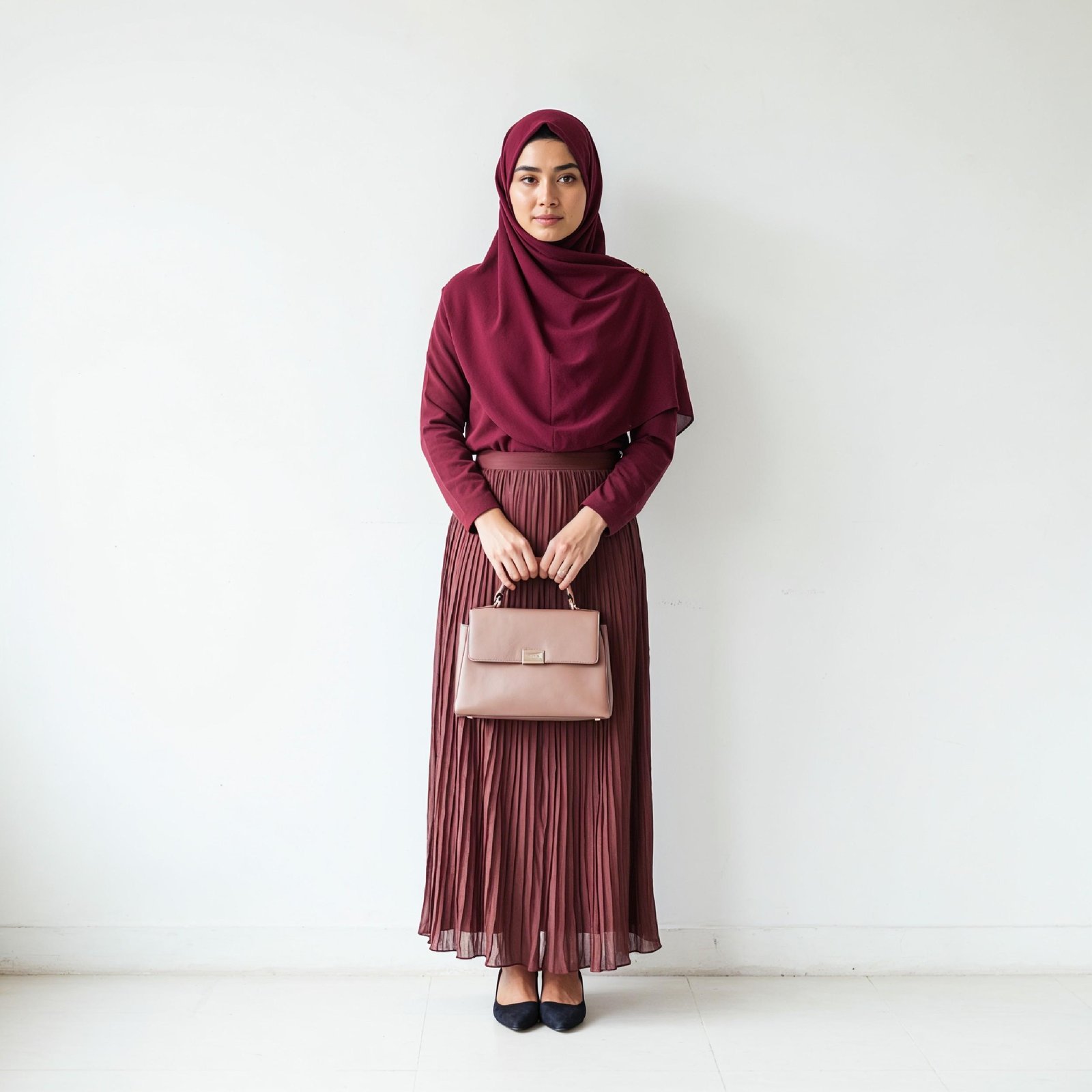 Fashionable Muslim Woman Wearing Maroon Hijab and Elegant Modest Outfit with Handbag