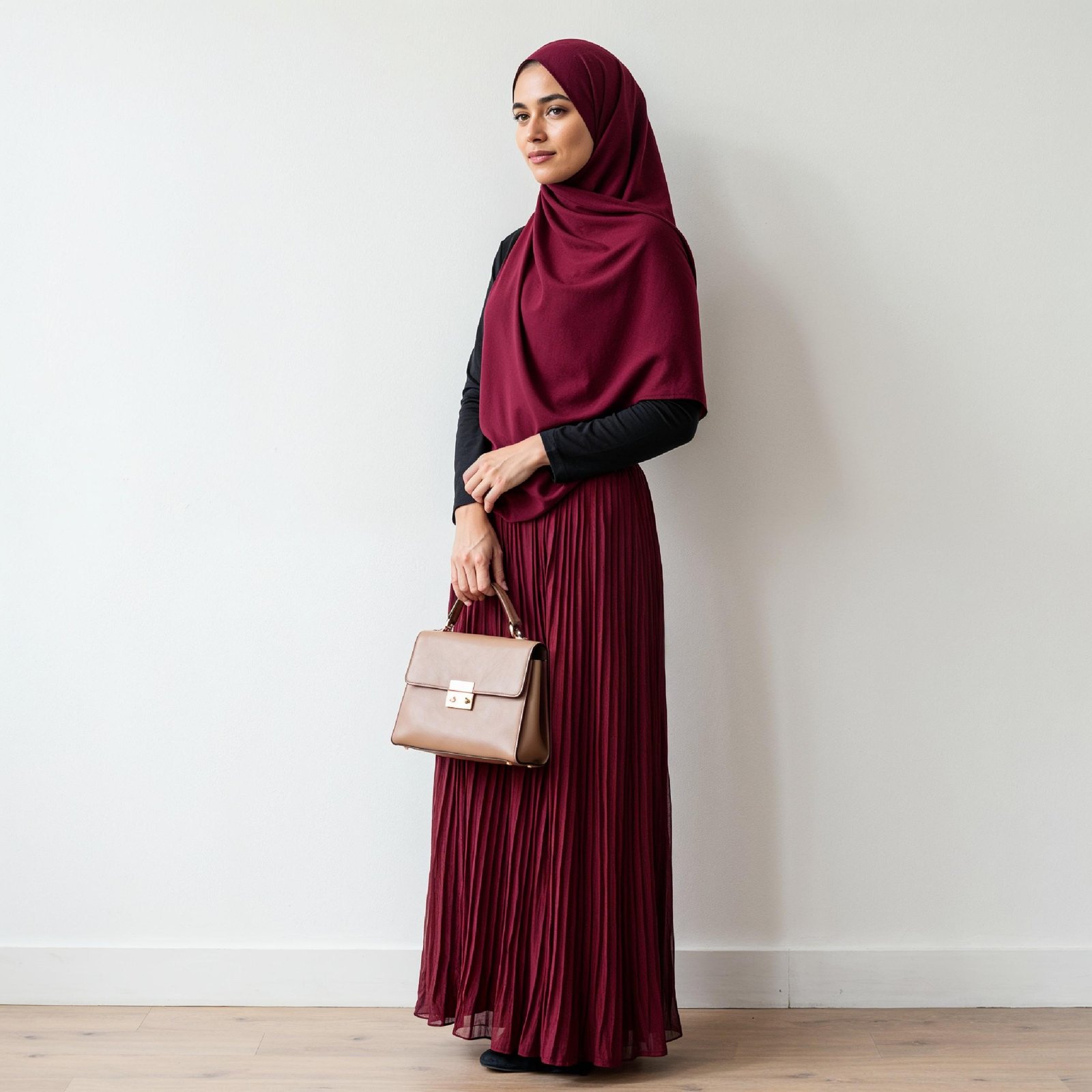 Fashionable Muslim Woman Wearing Maroon Hijab and Elegant Modest Outfit with Handbag