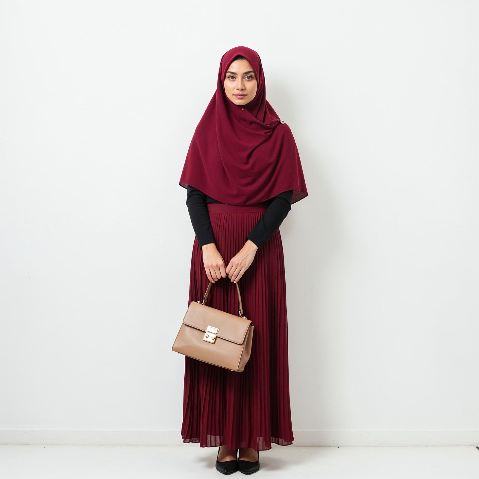 Fashionable Muslim Woman Wearing Maroon Hijab and Elegant Modest Outfit with Handbag