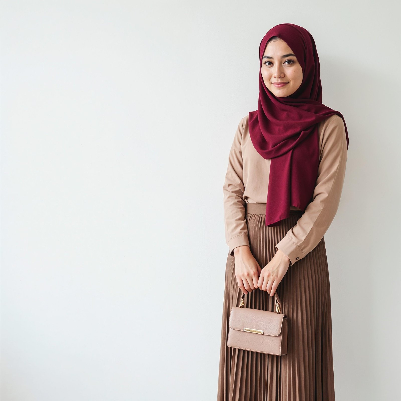 Fashionable Muslim Woman Wearing Maroon Hijab and Elegant Modest Outfit with Handbag