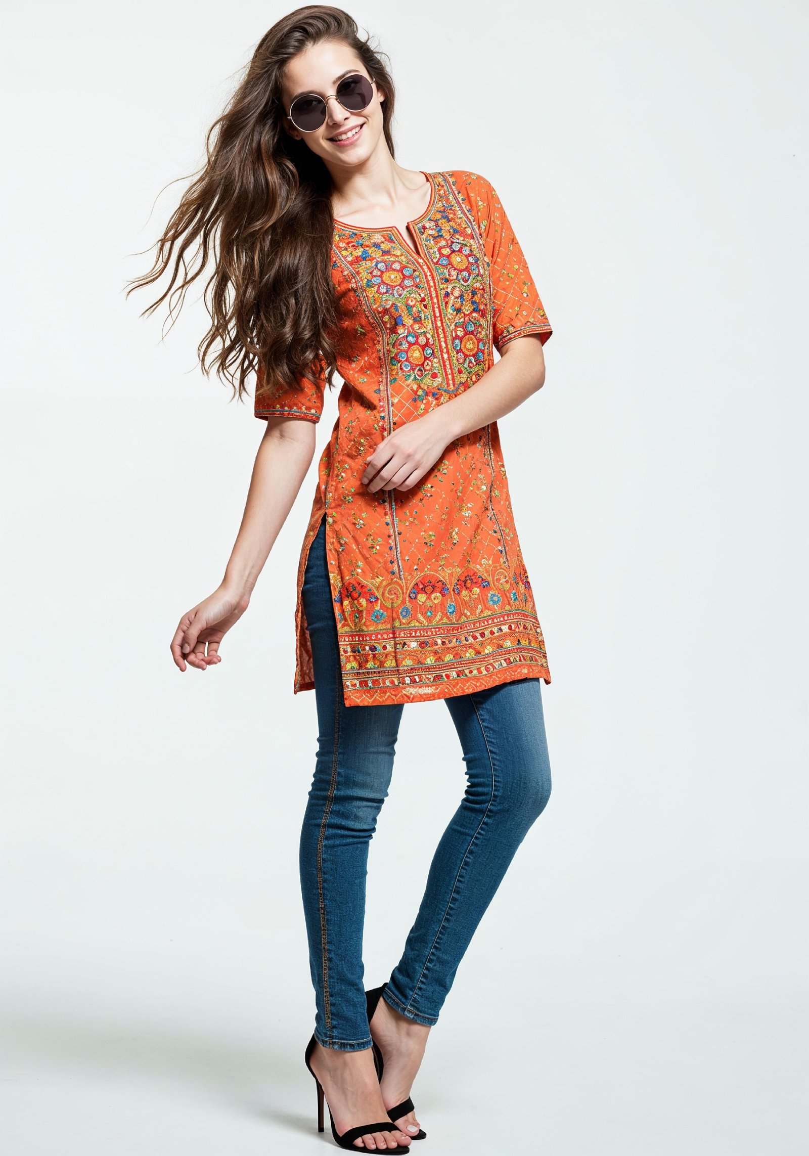 Fashionable Young Woman in Colorful Printed Kurti and Jeans Ethnic Style Portrait